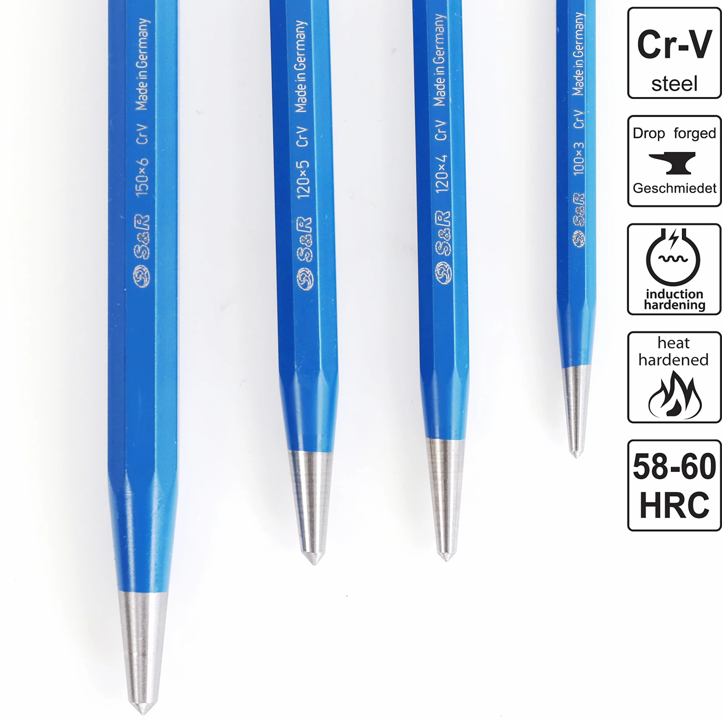 S&R 4-częściowy zestaw kernerów 3, 4, 5, 6 mm, stal CrV, wyprodukowano w Niemczech/kute i hartowane, odporne na uderzenia, w wytrzymałym pudełku z tworzywa sztucznego