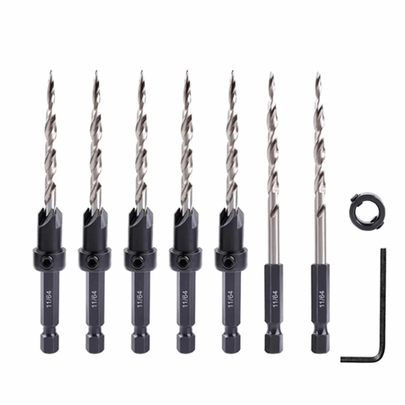 5pcs 7pcs High Speed Steel Tapered Countersink Drill Bit Set 1/4" Hex Shank Carpentry Reamer Stop Collars Screw Hole Drill Chamfer Woodworking Tools