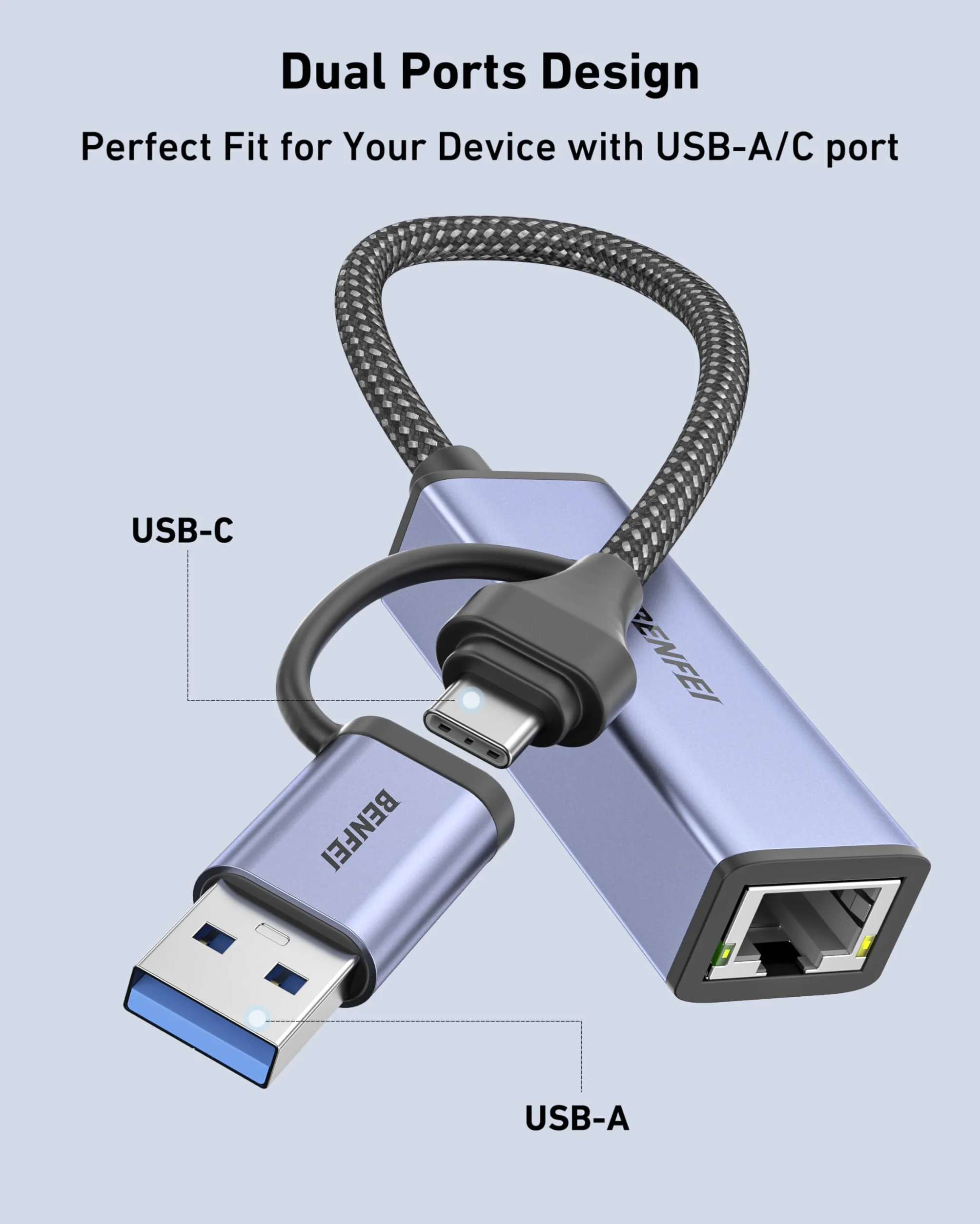BENFEI Adapter Ethernet, adapter USB 3.0 do RJ45 1000 Mb/s Gigabit LAN kompatybilny z MacBookiem, Surface Pro, PC z Windows 7/8/10, XP, Vista, Mac [aluminiowa obudowa i kabel nylonowy]