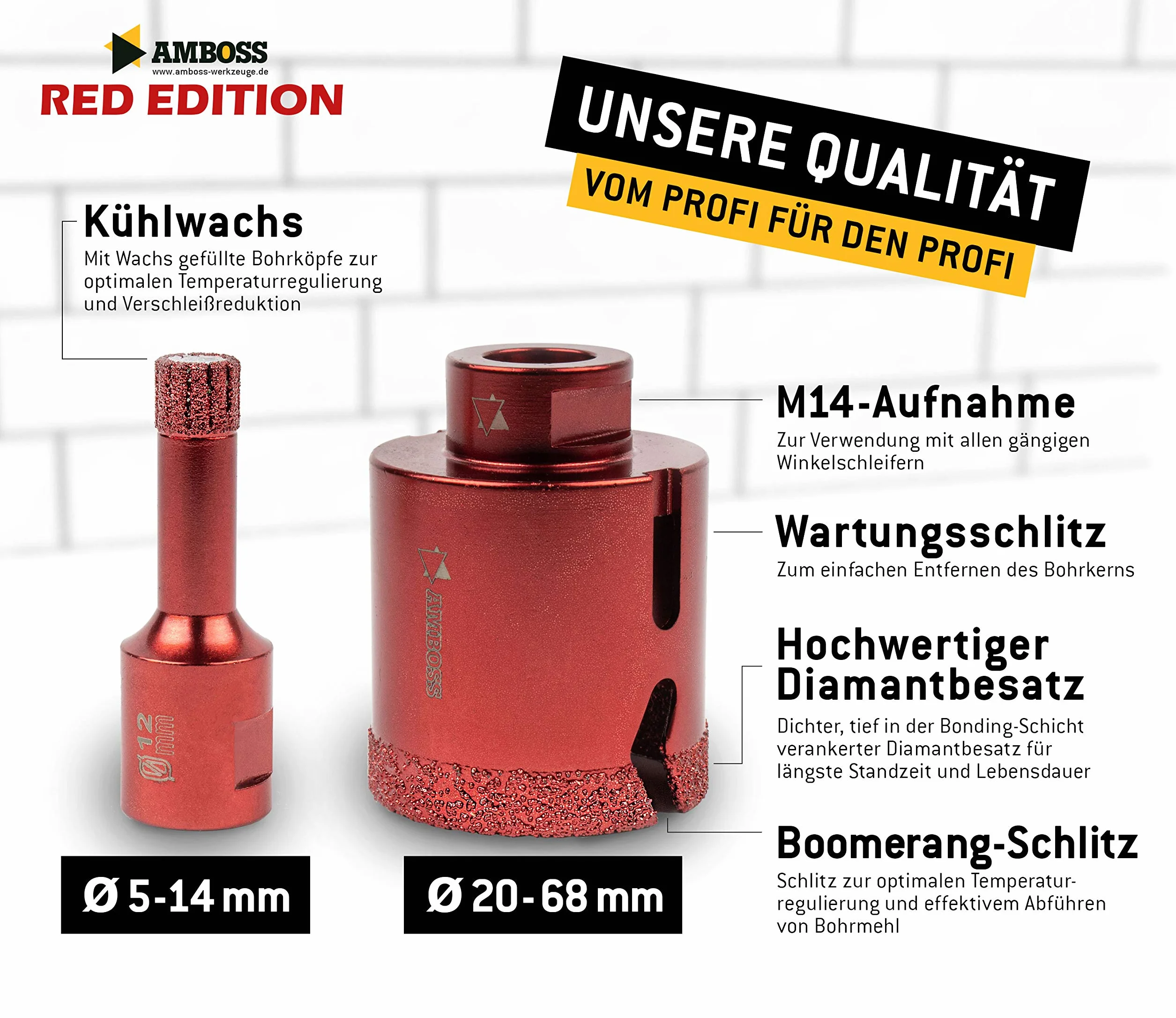 Amboss Red Edition M14 diamentowa koronka wiertnicza – do szlifierek kątowych – gresu, twardych płytek, granitu/idealna koronka wiertnicza na sucho (Ø 68 mm)