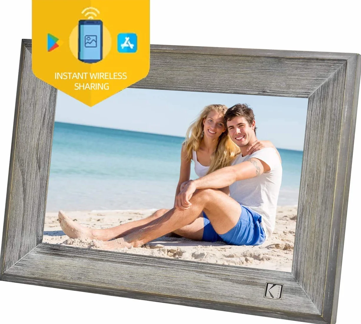 Kodak cyfrowa ramka na zdjęcia 10,1 cala, Wi-Fi, 1013 W, drewniana, elektroniczna ramka na zdjęcia z pamięcią 32 GB, ekran dotykowy HD IPS, udostępnianie zdjęć za pomocą aplikacji, automatyczne