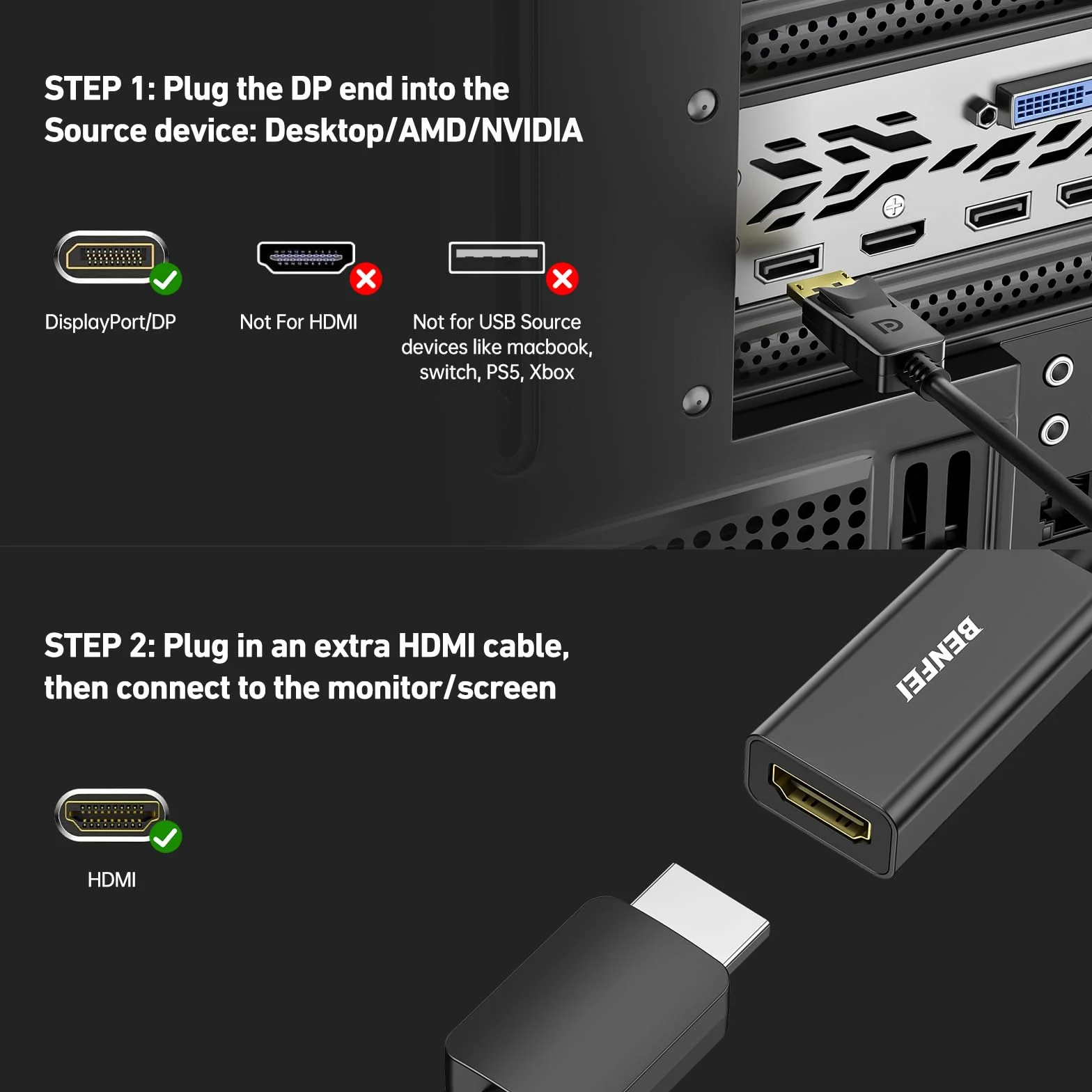 Benfei Displayport HDMI Adapter Czarny 15 cm