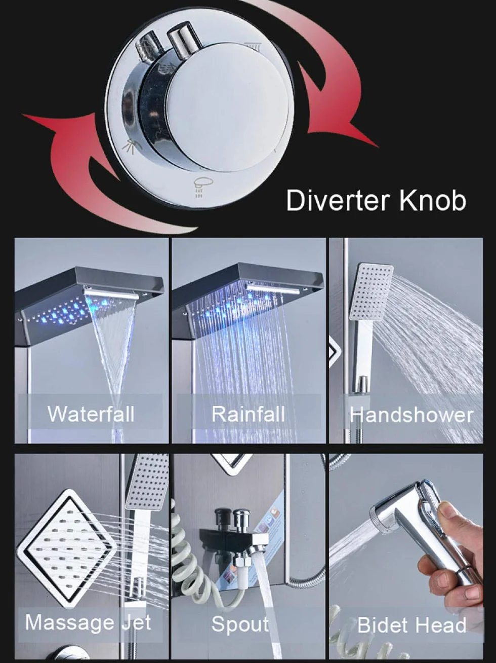 Panel prysznicowy z deszczownicą LED, system kolumnowy, 3 uchwyty, 6-funkcyjna bateria prysznicowa z rozpylaczem bidetowym
