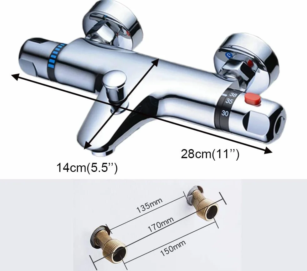 Termostat prysznicowy, natynkowy, bateria mieszakowa, prysznic 38°C, przycisk bezpieczeństwa, termostat, armatura wannowa, armatura wannowa, mosiądz, chrom