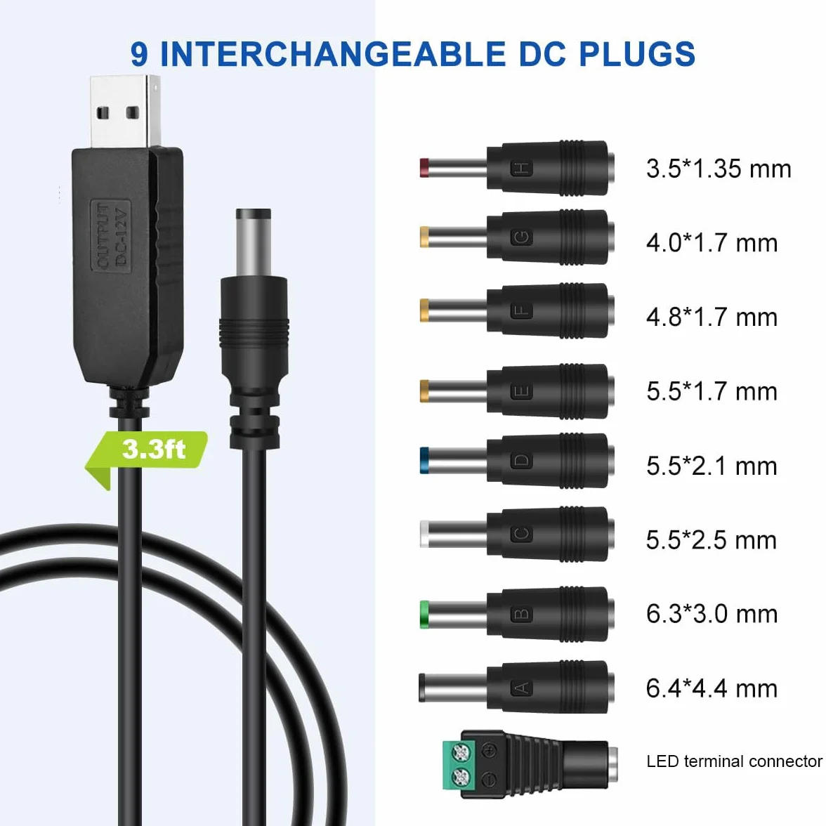 Gebildet Przetwornica Napięcia DC 5V do DC 12V USB, Kabel zasilający USB z 9 Wymiennymi Złączami typu jack, Adapterami ładowarki i Złączem Zaciskowym LED (100cm)
