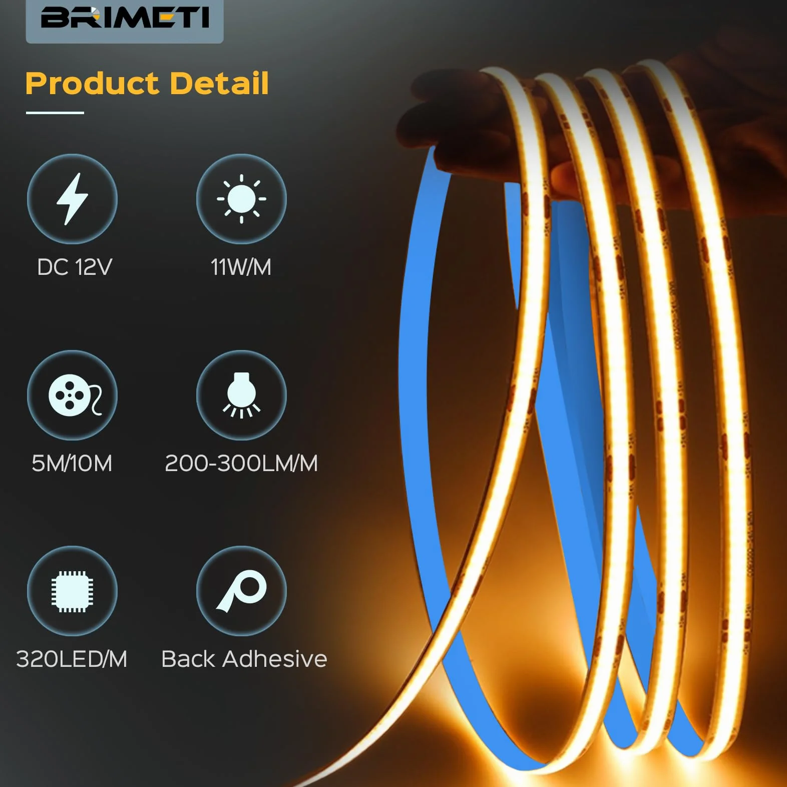 Taśma LED 12V 5M COB Ciepła Biel 3000K 8mm Szerokość 320LEDs/M, Elastyczna Samoprzylepna IP20 Taśma LED Swiatła DIY Lampa Podłogowa Kuchnia Domu TV Lustra (Bez Zasilacza)