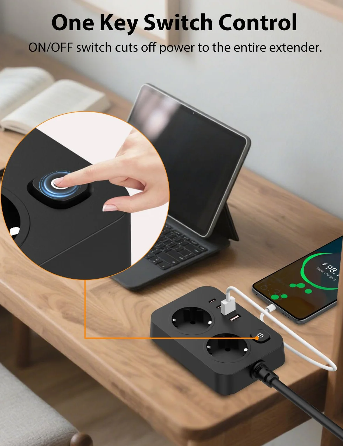 Listwa Przedłużaczowa 6-w-1 z USB-C Ładowaniem Gniazda z Wyłącznikiem i 4 Porty USB, Przewód 2m, Do Domu