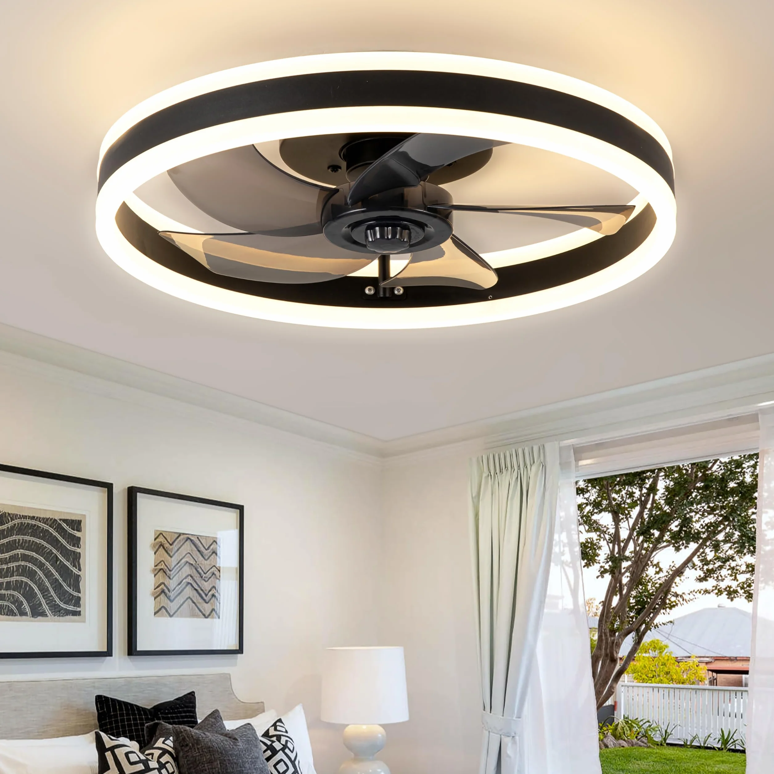 Cichy Wentylatory sufitowe z lampą Pilot, Nowoczesny Oświetlenie Lampa sufitowa z wentylatorem LED 58W Lampy sufitowe z wentylatorem Do Sypialnia Salon, 6 prędkości, Czarny 50CM