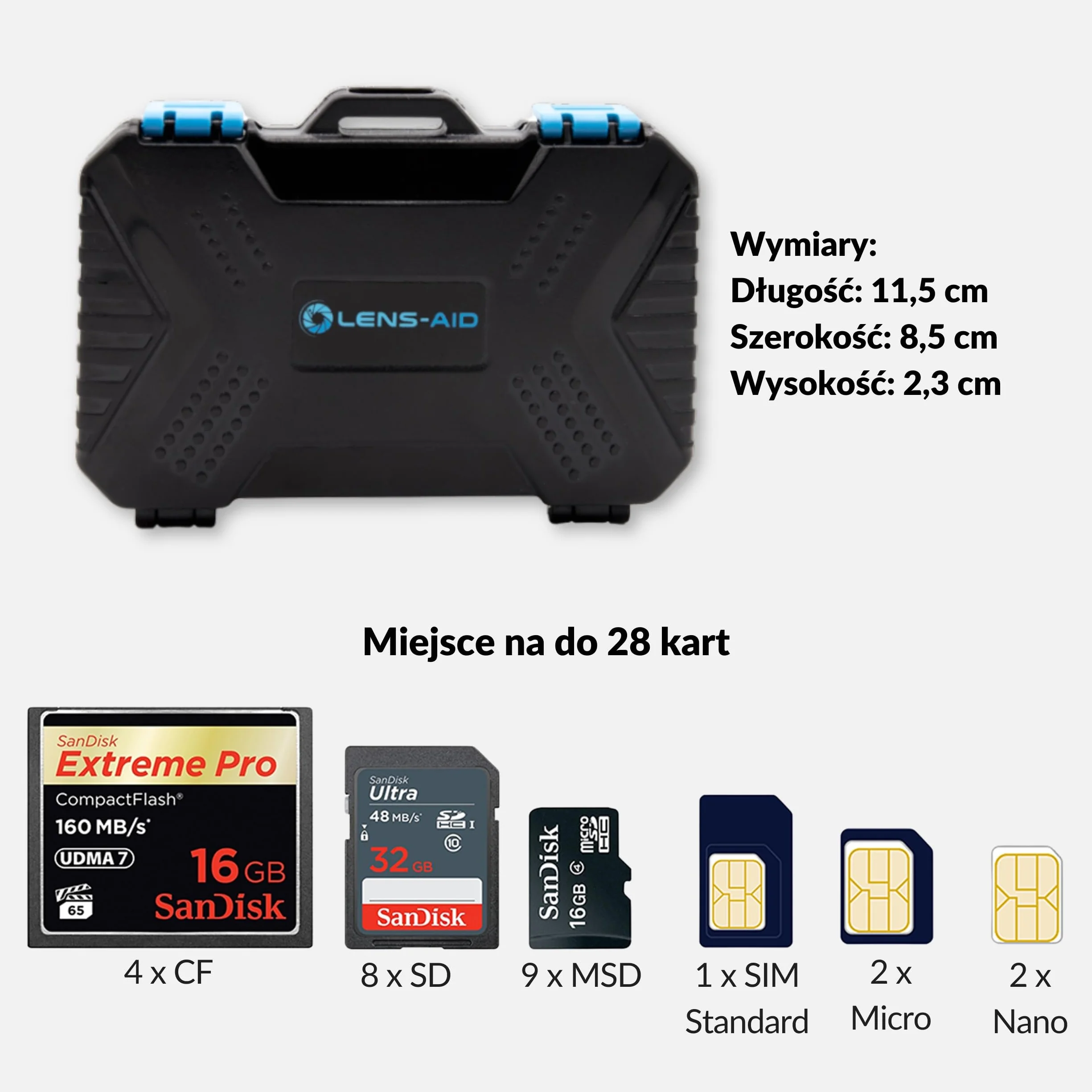Lens-Aid Etui ochronne na karty pamięci SD CF Micro SD TF SIM, pudełko do przechowywania do 28 kart, odporne na zachlapanie