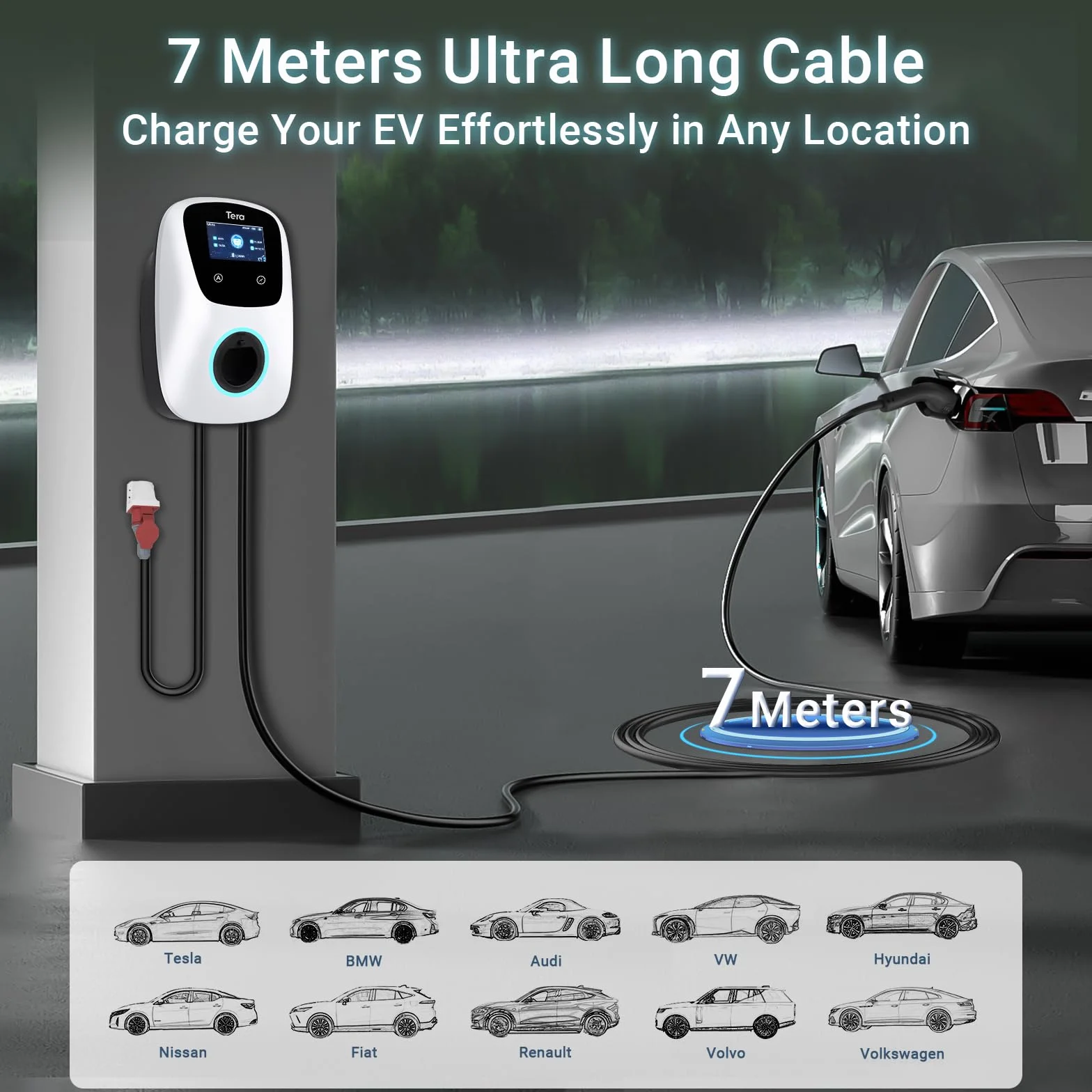 Tera Smart EV ładowarka typu 2, Wallbox z aplikacją 11 kW, 16 A, 400 V, CE i TÜV, z Wi-Fi i Bluetooth, 7 m, kabel do ładowania z uchwytem do ładowarki, domowy Wallbox CEE 3-fazowy wtyk do EVs i PHEV