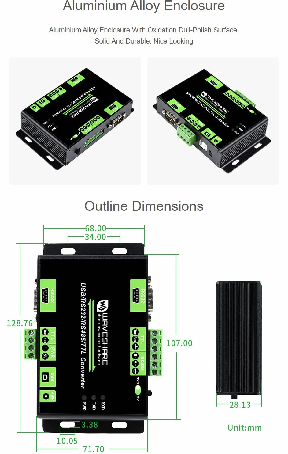 Waveshare Industrial Isolated Multi-Bus Converter USB RS232 RS485 TTL Communication