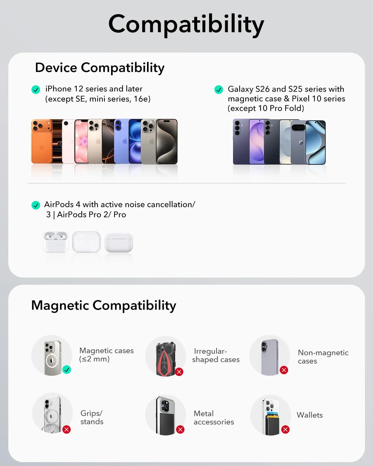 ESR bezprzewodowa ładowarka Magsafe 15 W do iPhone 17/17e/16/15/14/13/12, AirPods 4/3/2 Pro, Google Pixel 10, Galaxy S25/S26