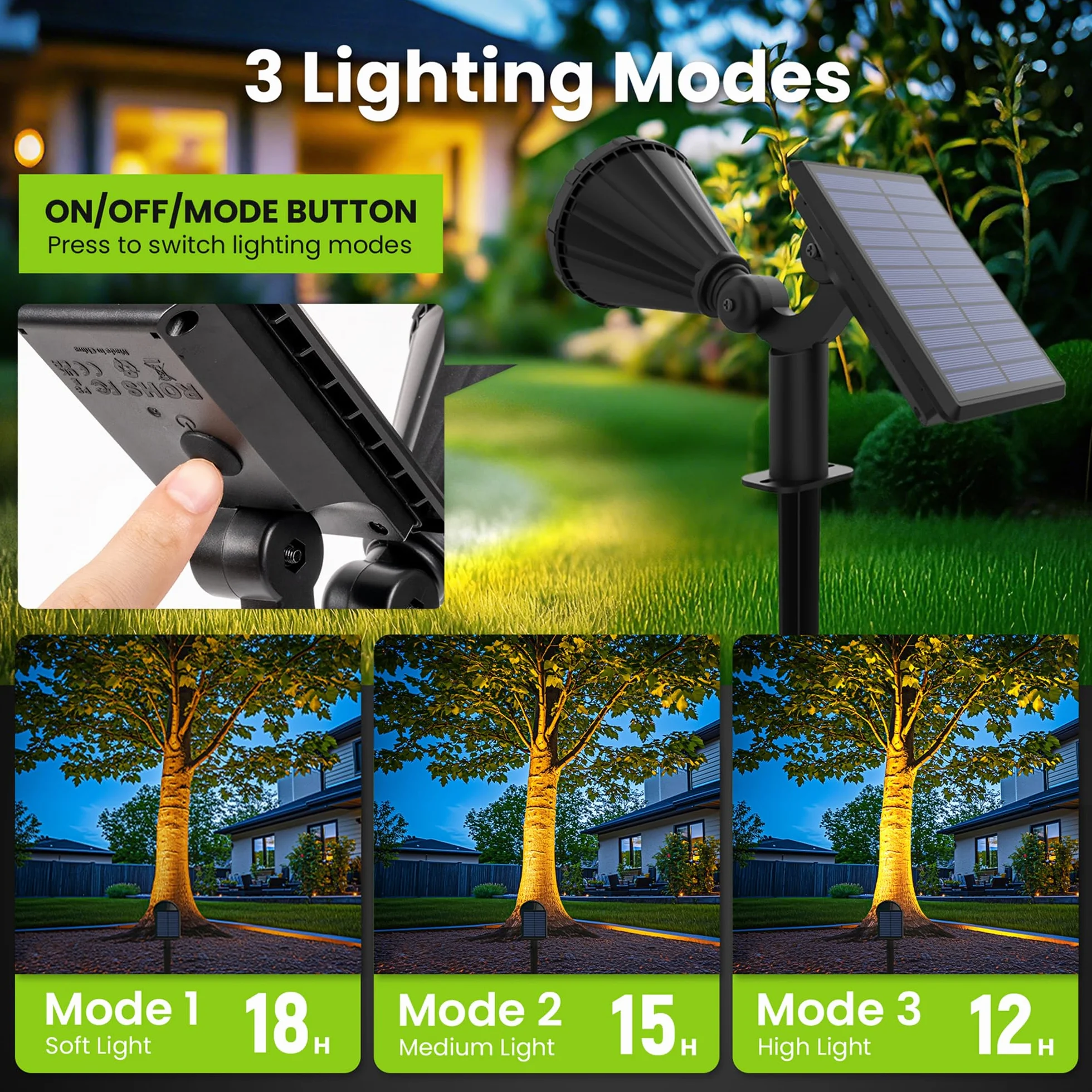 Solpex Solarne oświetlenie punktowe do użytku na zewnątrz, klasa wodoszczelności IP65, 25 diody LED, zasilane energią słoneczną reflektory do dróg, ogrodów, ogrodzeń (ciepła biel, 6 sztuk)