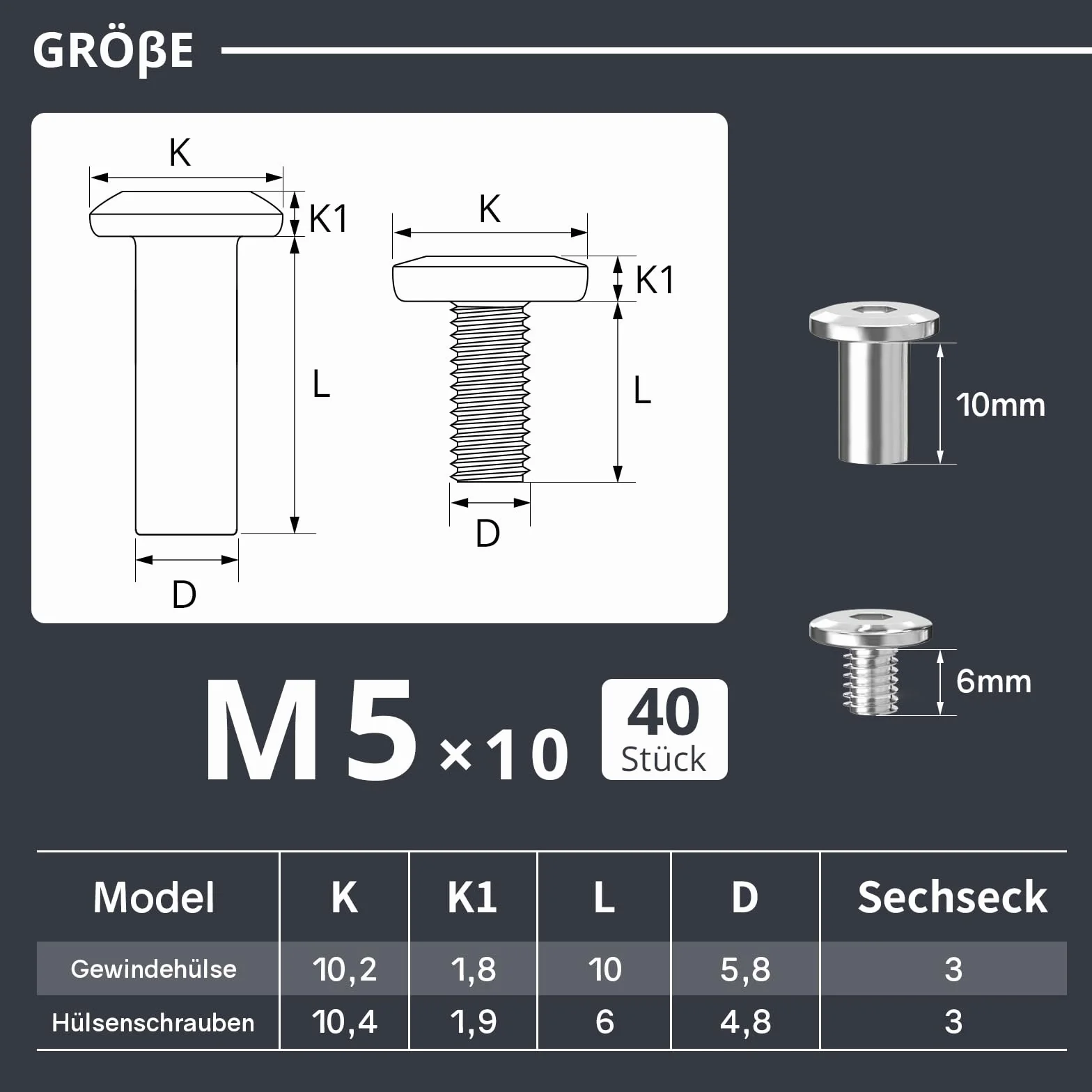 Dayalo 40 sztuk śrub łączących M5 x 10 mm, łączniki do szafek M5, śruby tulejowe ze stali nierdzewnej A2 V2A, śruby meblowe z tuleją meblową do szafek, drewniane cegły