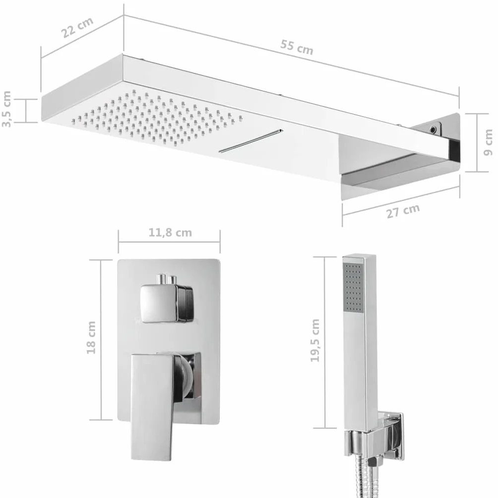System prysznicowy ze stali nierdzewnej 201 srebrny z kwadratową głowicą prysznicową, słuchawką prysznicową i wężem 150 cm do łazienki, wellness i łatwe czyszczenie, w zestawie akcesoria
