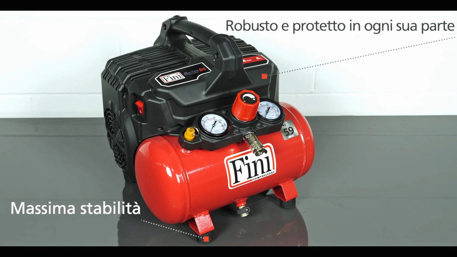 FINI Siltek S/6 cicha sprężarka, 2 manometry (59 dB), 6 l, 1,0 HP, 8 bar, 750 W, 230 V, czerwona