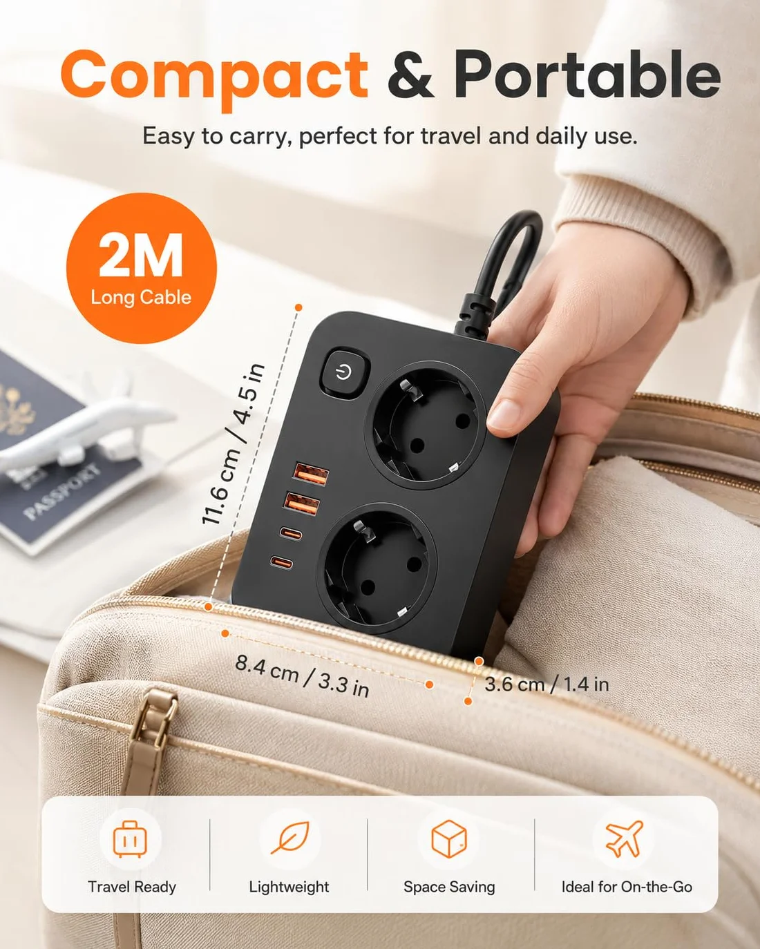 Listwa Przedłużaczowa 6-w-1 z USB-C Ładowaniem Gniazda z Wyłącznikiem i 4 Porty USB, Przewód 2m, Do Domu