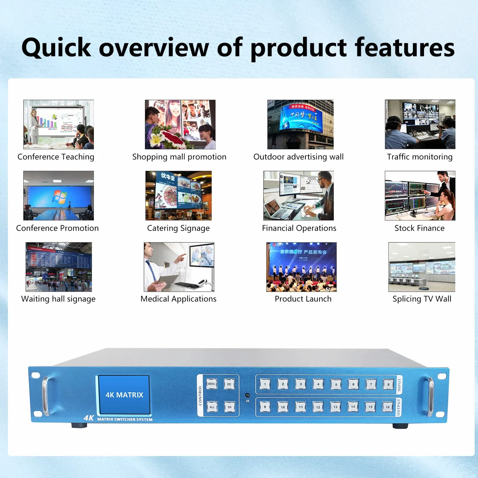 ICUIXIAN Przełącznik matrycowy 4K HDMI 8 x 8 z wejściem GUI + LAN + sterowaniem Rs232, przełącznik i rozdzielacz matrycy Rackmount HDMI 8 x 8 4K 30 Hz HDCP, EDID, podświetlane przyciski (8 wejść, 8