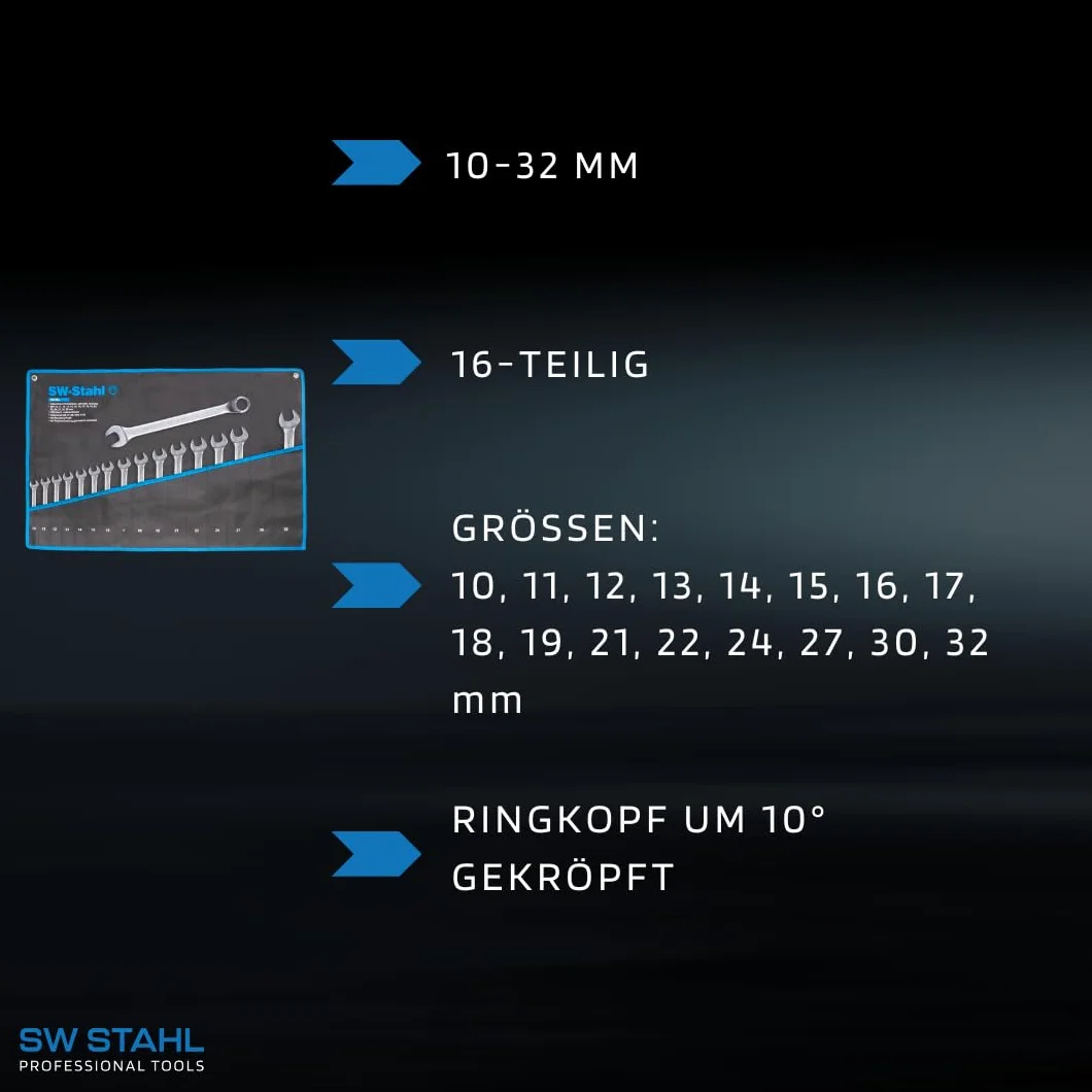 SW-Stahl 00193L Zestaw Kluczy Płasko-Oczkowych 10-32 mm, 16 Elementów | Klucze ze stali chromowo-wanadowej, profil Pro Drive, wygięta głowica 10°, zestaw kluczy płaskich i widełkowych