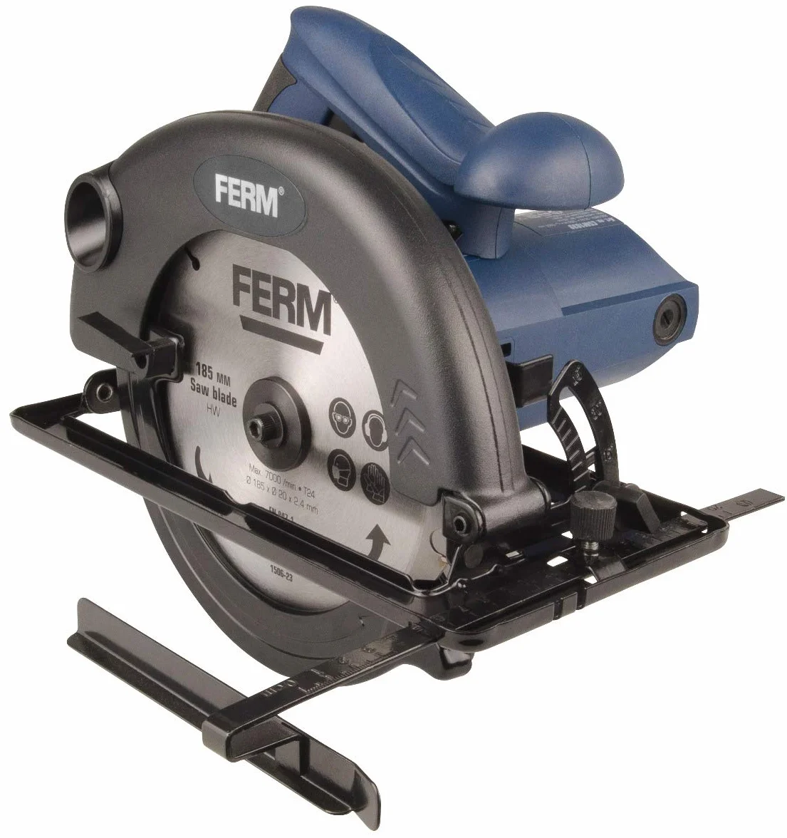 FERM Piła tarczowa 1200 W – 185 mm blokada wrzeciona – regulowana podstawa (45 i 90 stopni) – w zestawie brzeszczot piły TCT i prowadnica równoległa