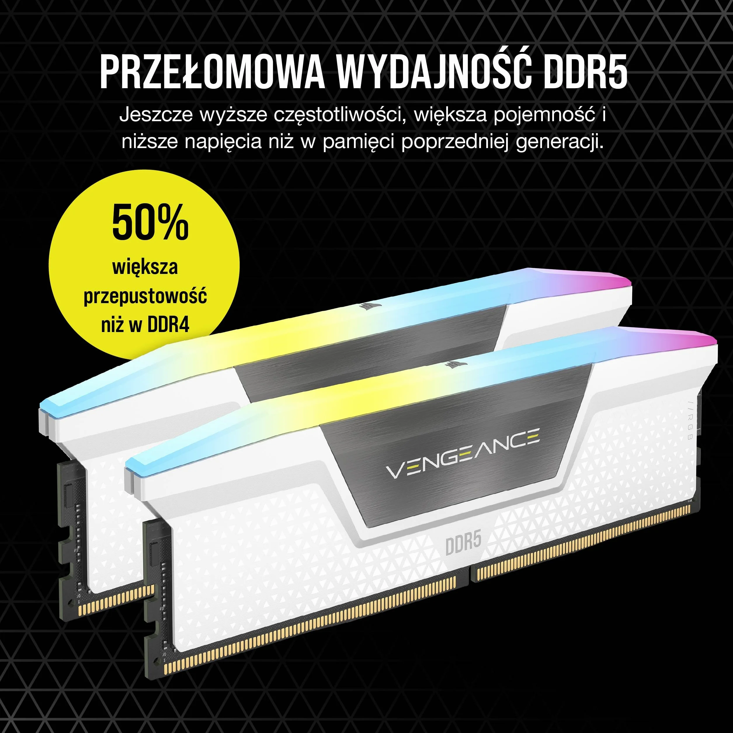 CORSAIR VENGEANCE RGB DDR5 RAM 32GB (2x16GB) do 6000MHz CL36 Intel XMP Kompatybilna Pamięć Komputerowa iCUE - Biały (CMH32GX5M2E6000C36W)
