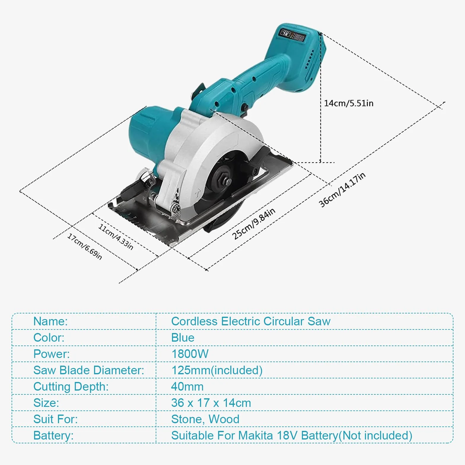 Akumulatorowa piła tarczowa do Makita 18 V, ręczna piła tarczowa z 3 piłami, silnik bezszczotkowy 1800 W, bezel 0-45° / głębokość 40 mm, do cięcia drewna miękkiego metalu