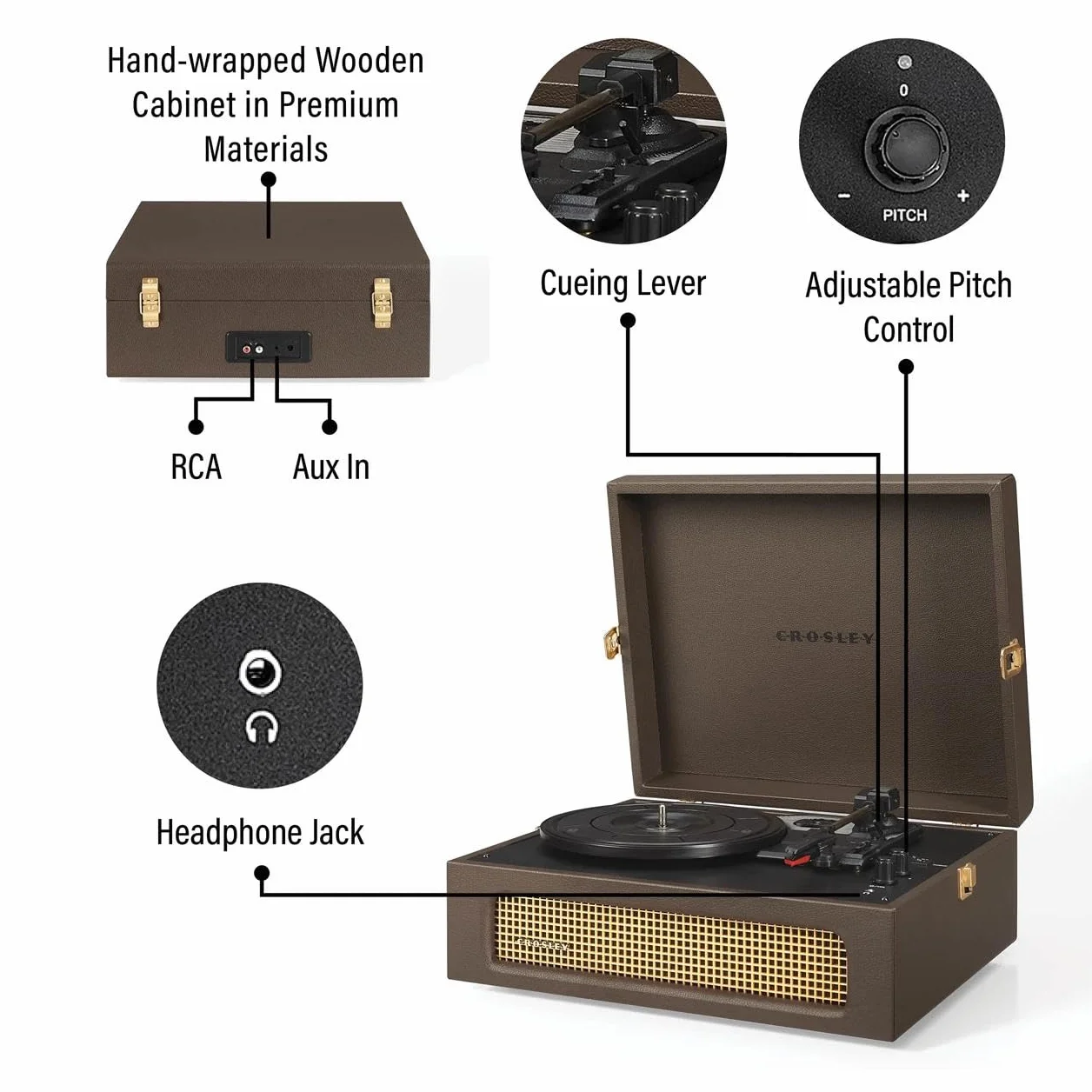 Crosley Voyager Przenośny gramofon, Bluetooth, 3-biegowa walizka, odtwarzacz winylowy, gramofony domowe do płyt winylowych, wbudowane głośniki stereo i odbiornik Bluetooth, wejście AUX, Cocao