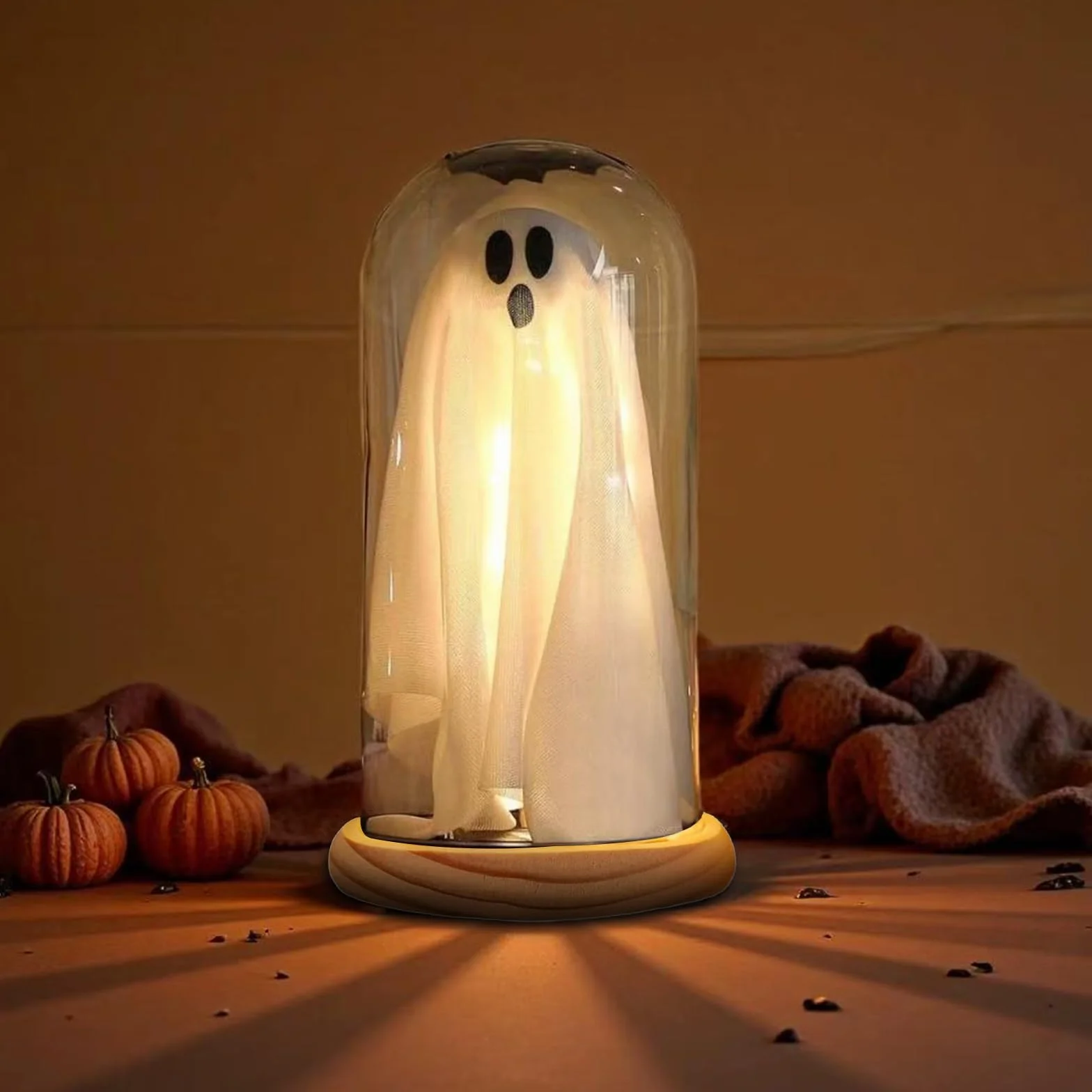 Joycabin Dekoracja na Halloween, świecący duch w szklanym dzwonku z drewnianą podstawą, lampka nocna na Halloween, dekoracja stołu, na imprezę