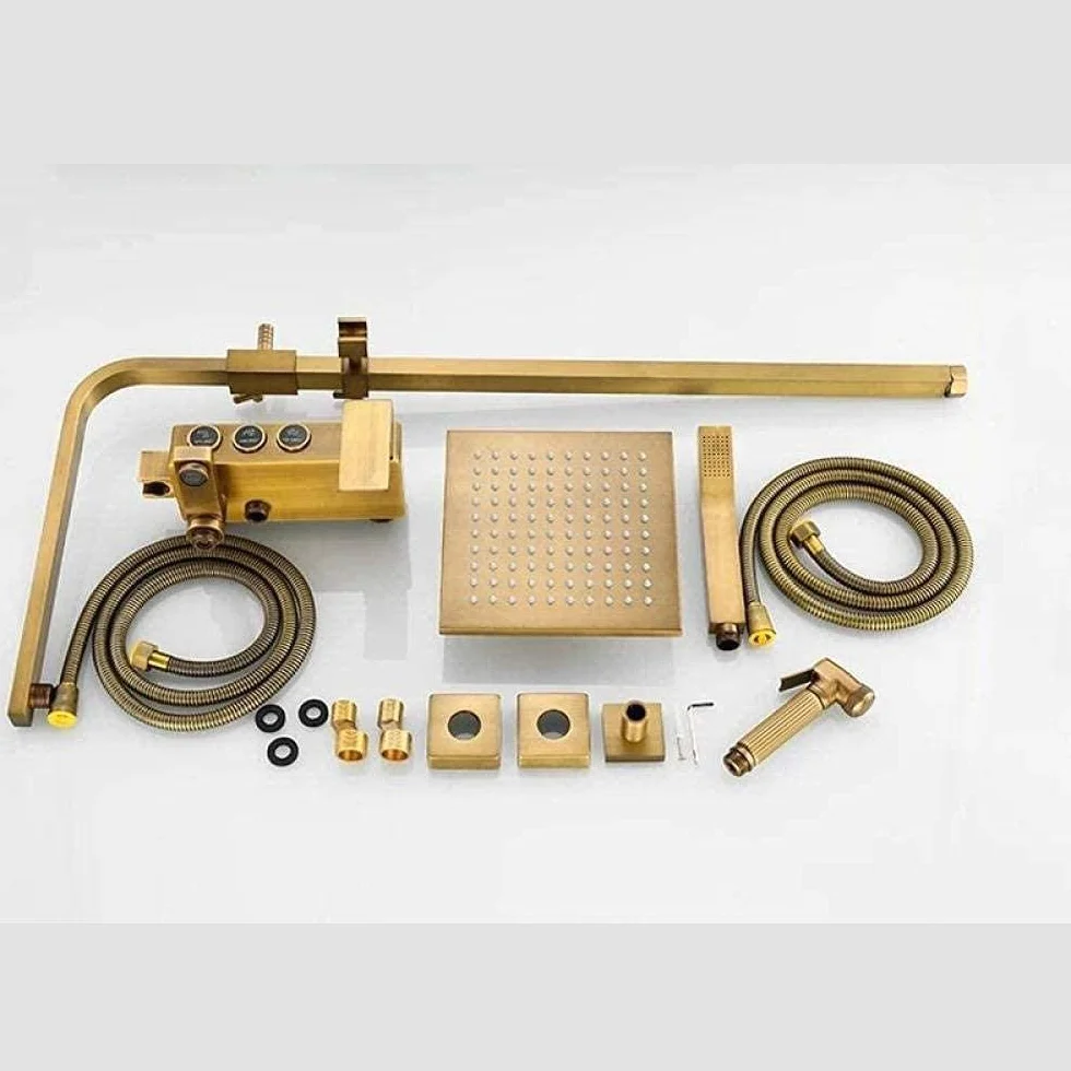 Zestaw prysznicowy Herzche Bathroom Retro Rainfall Shower System z szczotkowanego mosiądzu, bateria wannowa, ścienny termostatyczny zestaw prysznicowy z deszczownicą, dekor,