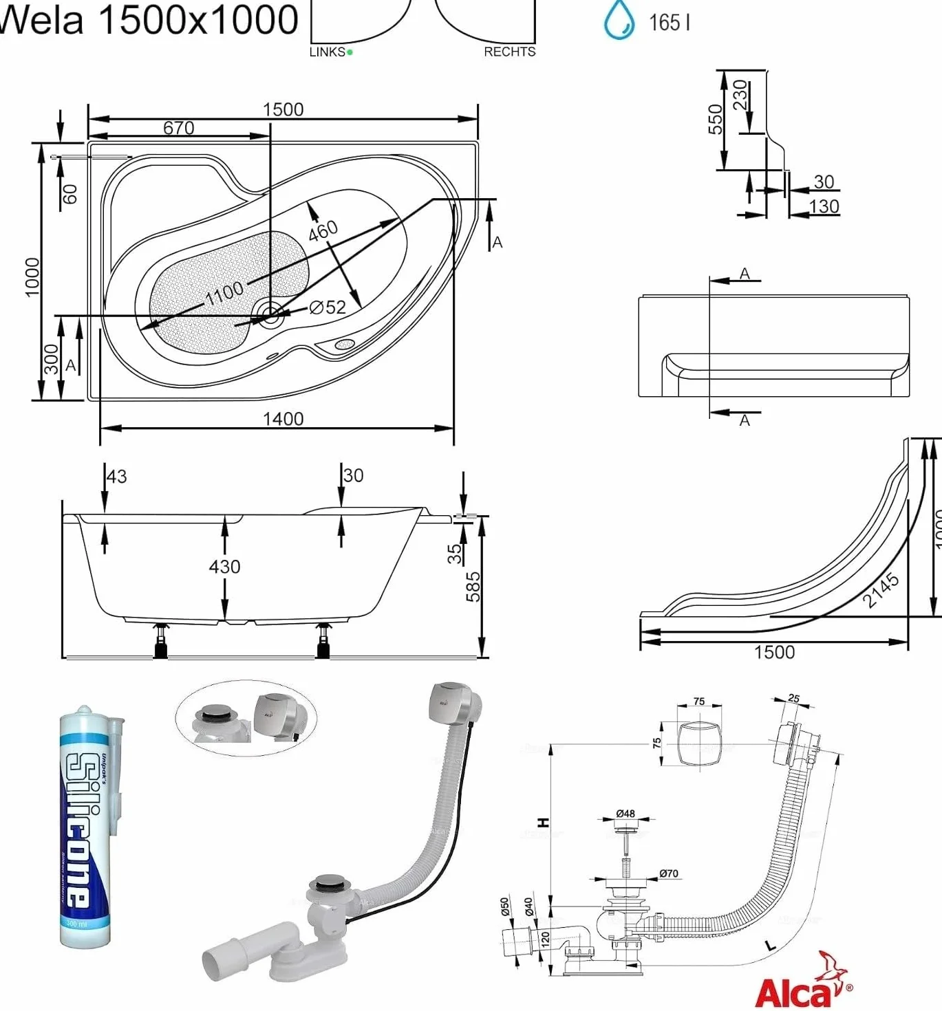 Wanna narożna ECOLAM® WELA 150x100 cm LEWA | Wanna wysokiej jakości, akrylowa, sanitarna, akrylowa + armatura odpływowa, automatyczny odpływ i przelew, silikonowe nóżki, antypoślizgowa, łatwa do czysz