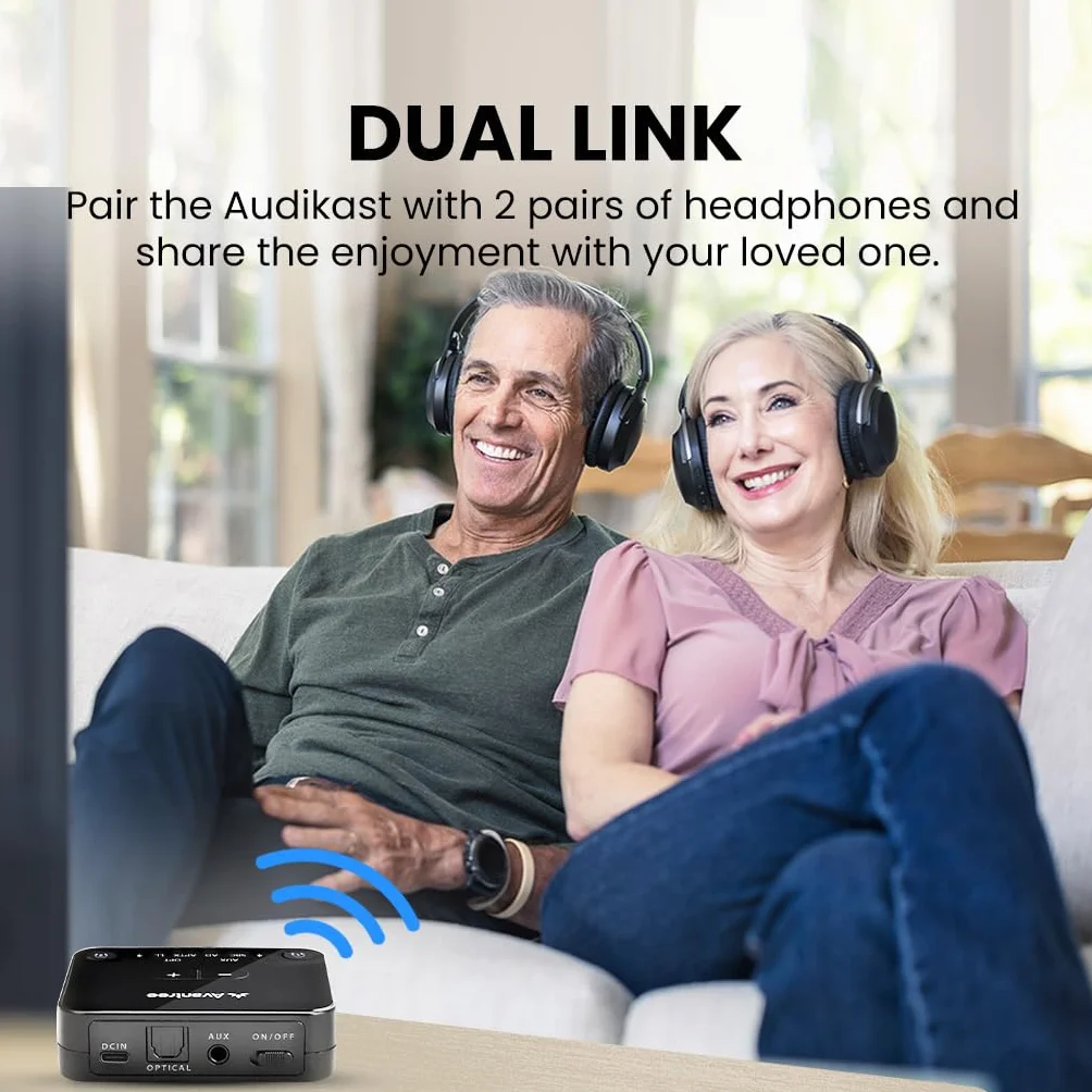 Avantree Audikast 3 transmiter Bluetooth 5.3 do TV aptX Adaptive dwa słuchawki zasięg 30 m