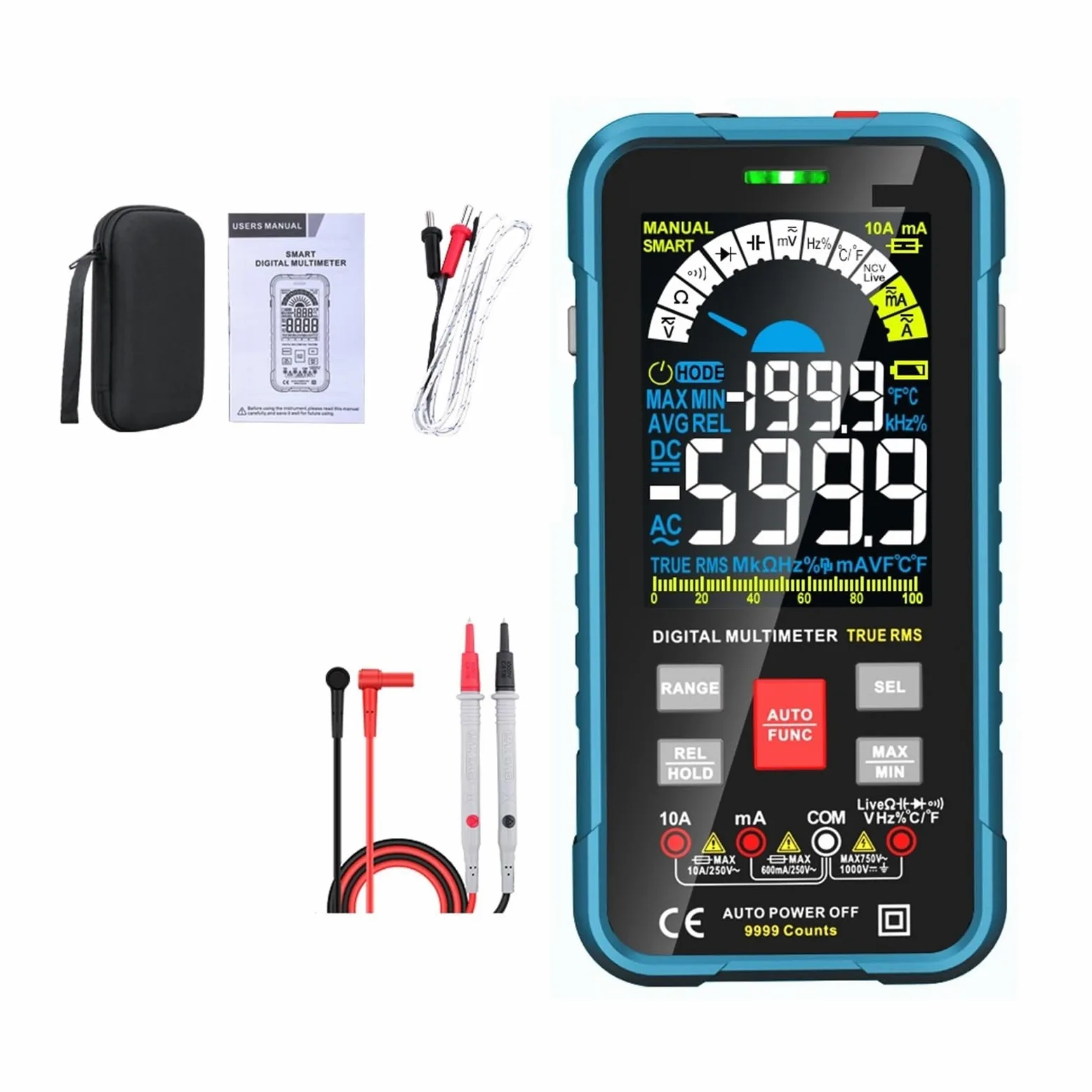 Inteligentny Multimetr Auto Zakres 1000V 10A Cyfrowy Tester Pojemności True REL Ohm AC Miernik Napięcia DC Multimetro Szybko Dokładnie Łatwy Odczyt(BLUE)