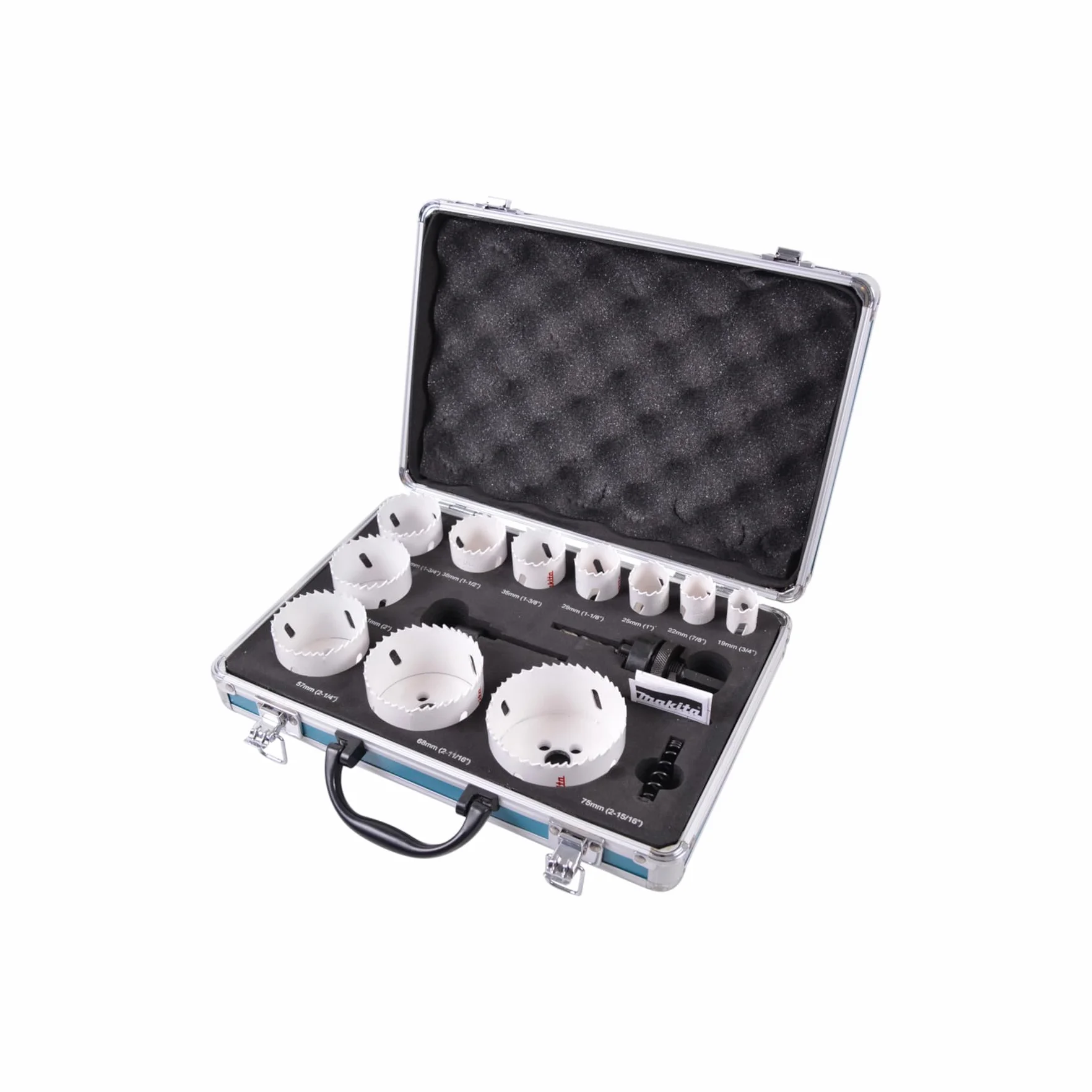 Makita D-47298 BiM 14-częściowy zestaw otwornic w aluminiowej walizce, bimetalowe otwornice Ø 19-75 mm, głębokość cięcia 38 mm, do drewna, metalu, aluminium, tworzywa sztucznego