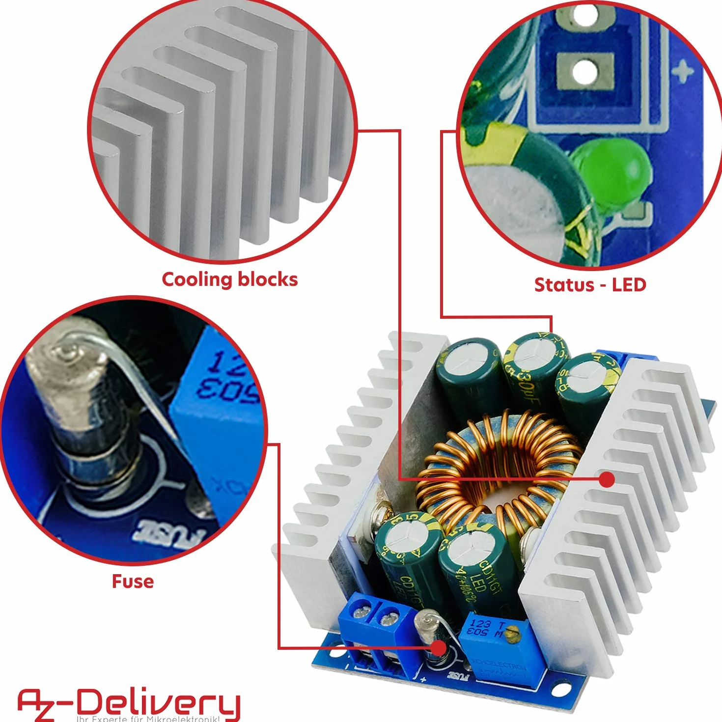 AZDelivery XL4016E1 DC-DC Step Down Converter Regulator Napięcia 5-40V do 1,2-36V 12A Arduino