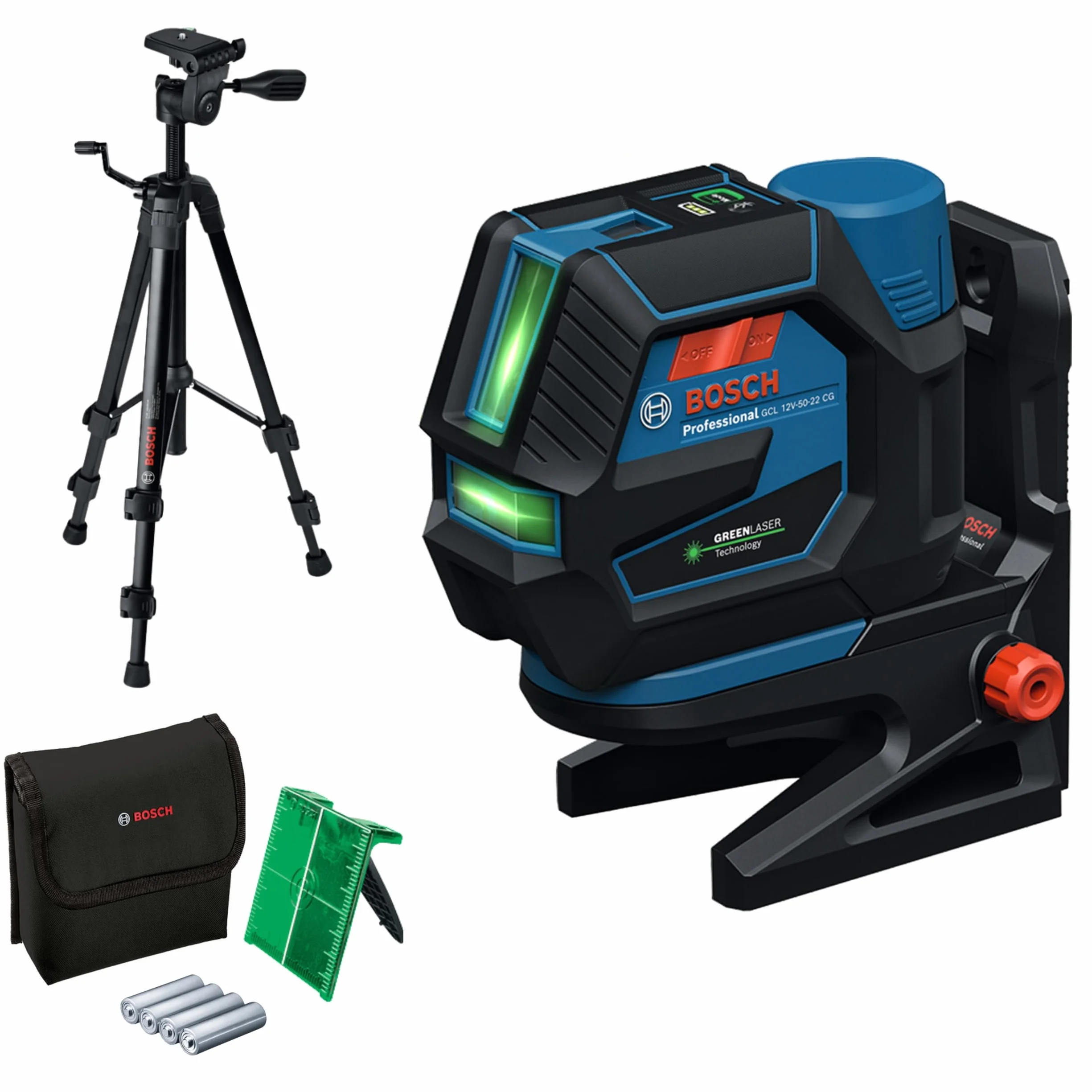 Bosch Professional Laser wielofunkcyjny GCL 12V-50-22 CG (zasięg pracy do 50 m z odbiornikiem, Dual Power Source, Levelling Remote, uchwyt, adapter do baterii, 4x1,5 V LR6 (AA), pokrowiec, statyw)