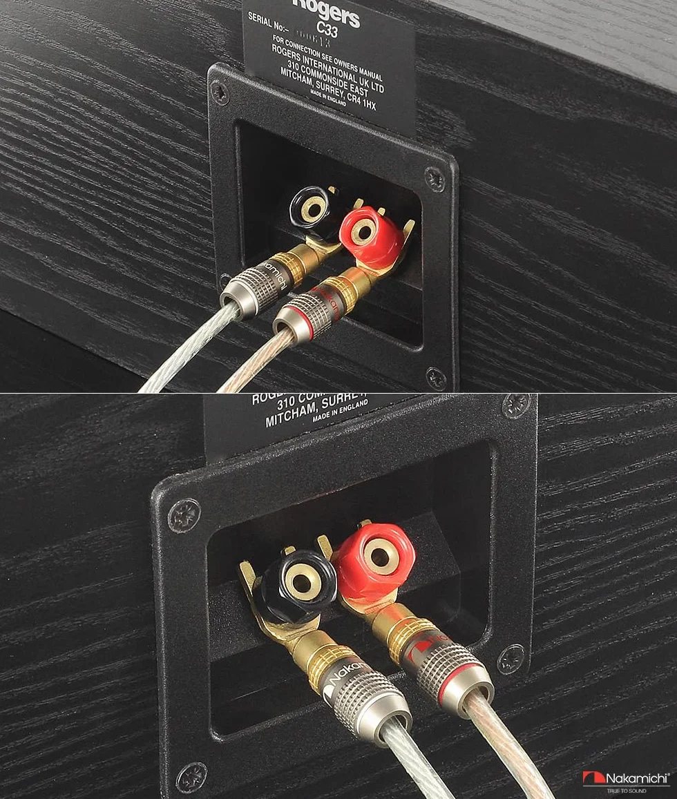Nakamichi FanLock Wtyk Złącza widełkowe platerowany 24-karatowym złotem 10 AWG - 18 AWG Rozmiar miernika 4mm dla głośników Wzmacniacz Hi-Fi Kino domowe Kabel audio Szybkozłącze, 8 Sztuki (4-Pary)