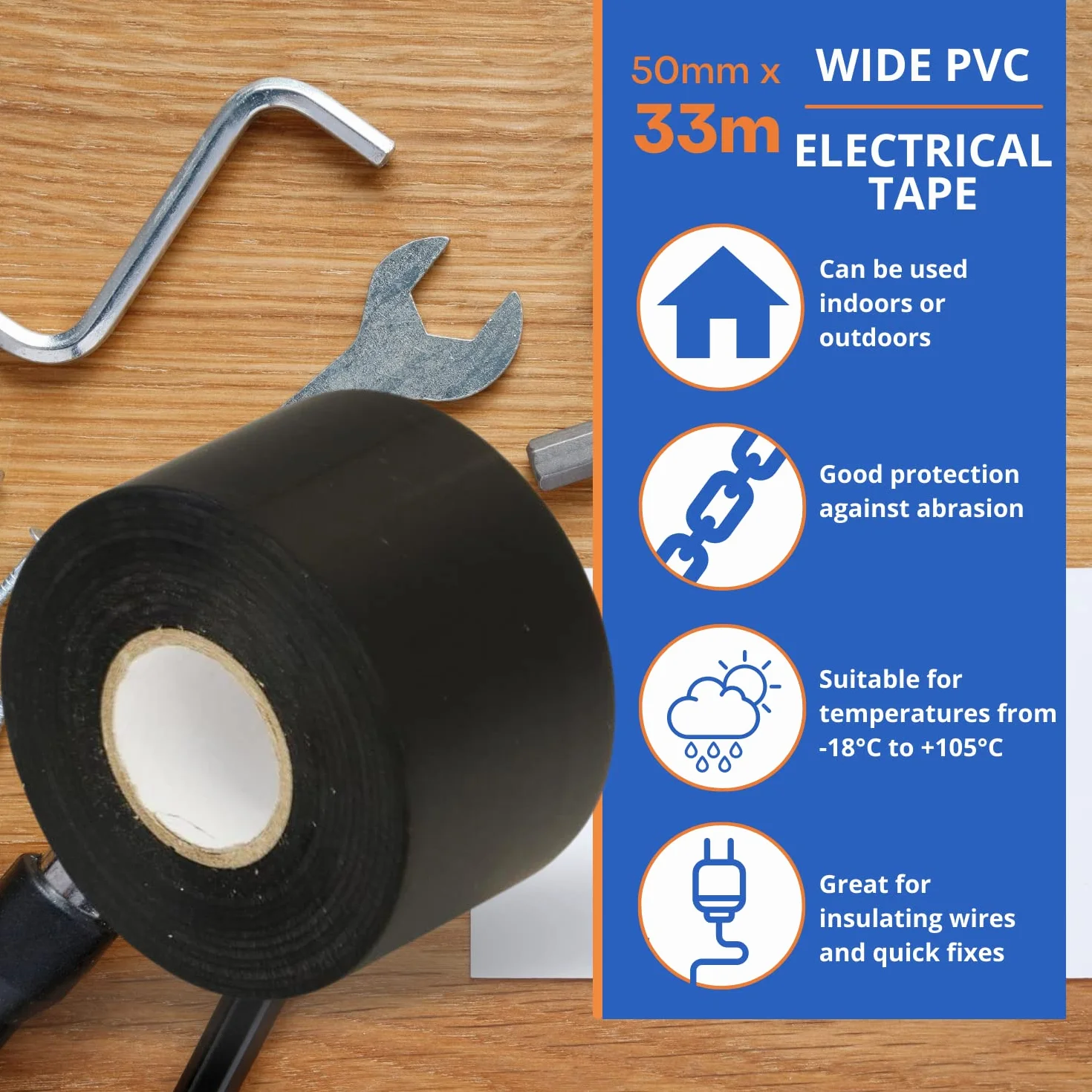 Gocableties Czarna elektryczna taśma izolacyjna PCW, 50 mm x 33 m, duża 5 cm szeroka wytrzymała rolka premium