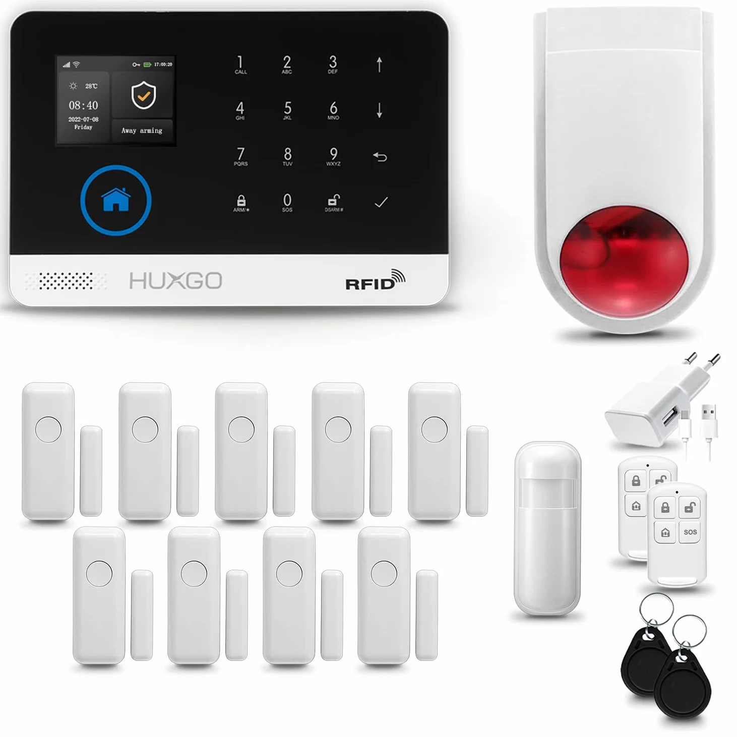 HXA003 System alarmowy domowy WiFi + GSM, syrena bezprzewodowa | Aplikacją Tuya Smartlife, 1x czujnik ruchu PIR, 9x czujnik drzwi | Sterowanie z telefonu