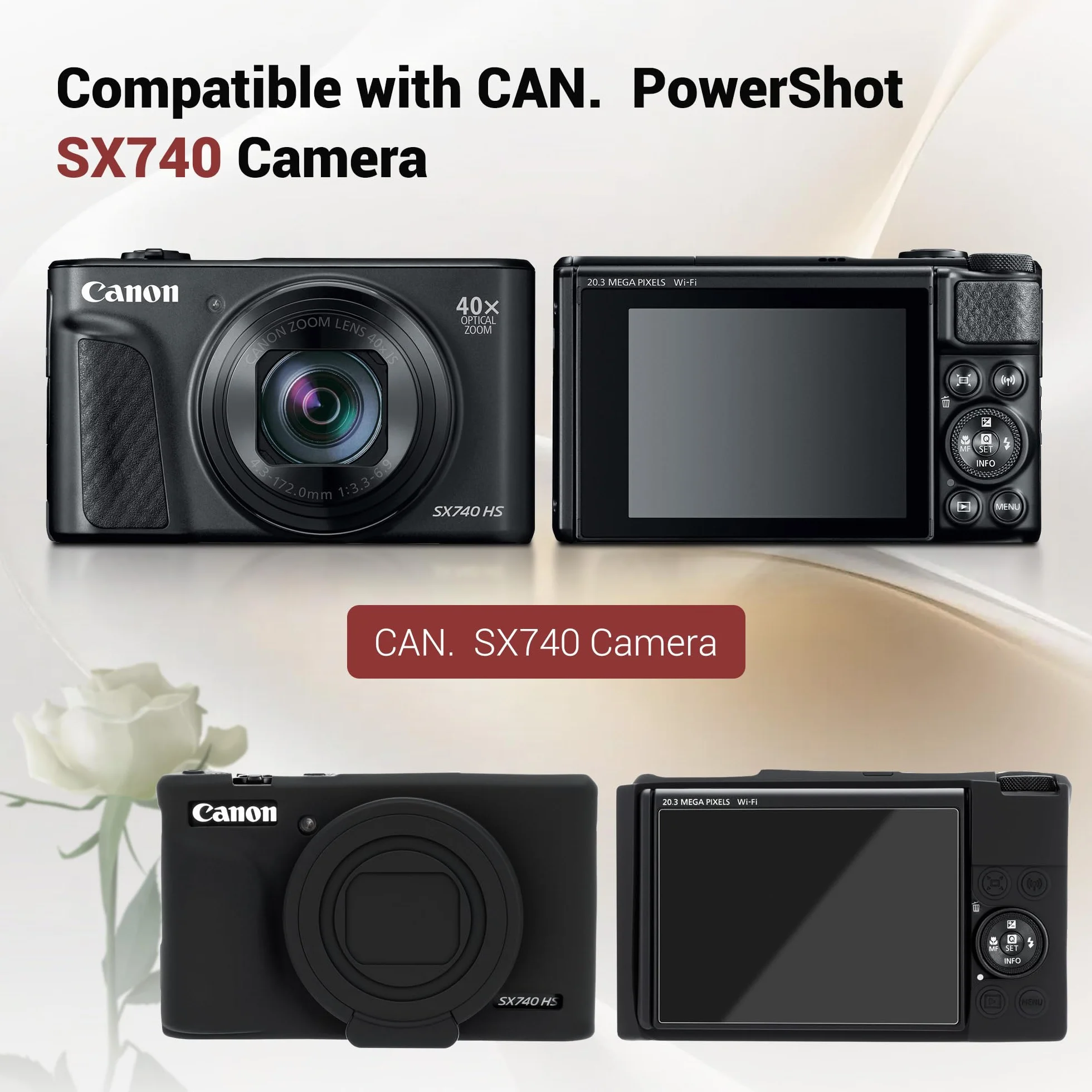 PROfezzion Silikonowe etui ochronne do Canon PowerShot SX740 HS, dopasowany krój, akcesoria z osłoną ekranu i paskiem na nadgarstek do aparatu Canon PowerShot SX740 - czarne