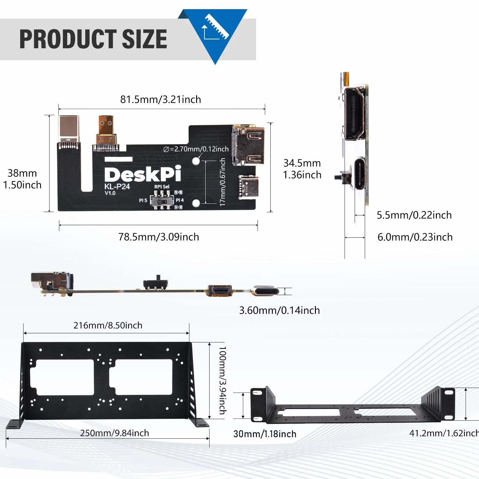 GeeekPi DeskPi RackMate Accessories SBC Shell 10 cali 1U Rack z 2PCS Micro HDMI do HDMI Adapter Board KL-P24 dla Raspberry Pi 5 Pi 4B