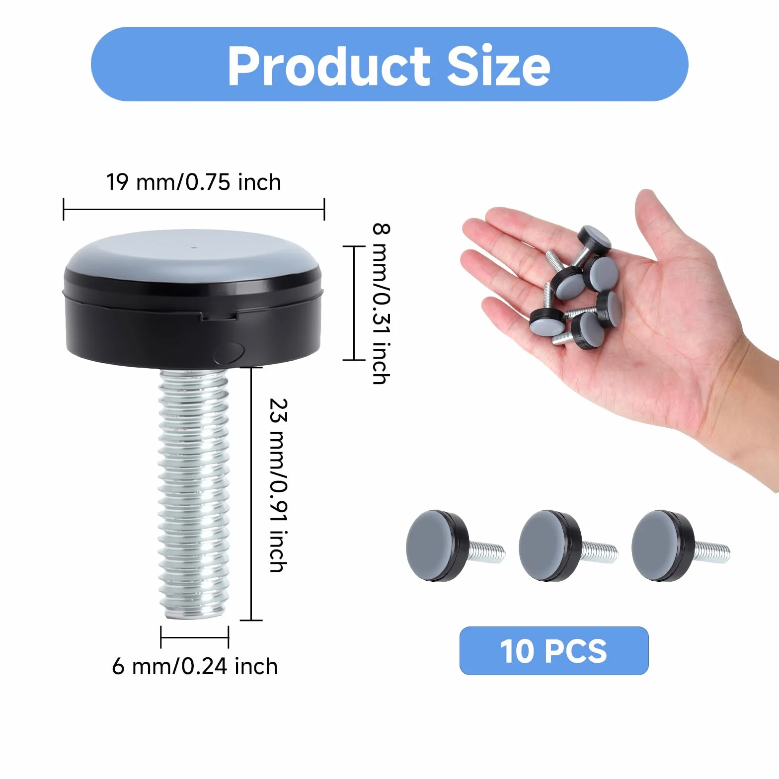 Ślizgacze meblowe z gwintem z PTFE, 10 sztuk, Ø 20 mm, regulowane ślizgacze meblowe do krzeseł, ciche ślizgacze teflonowe do wkręcania M6, ochraniacze podłogi do dywanów, laminatu, PCW