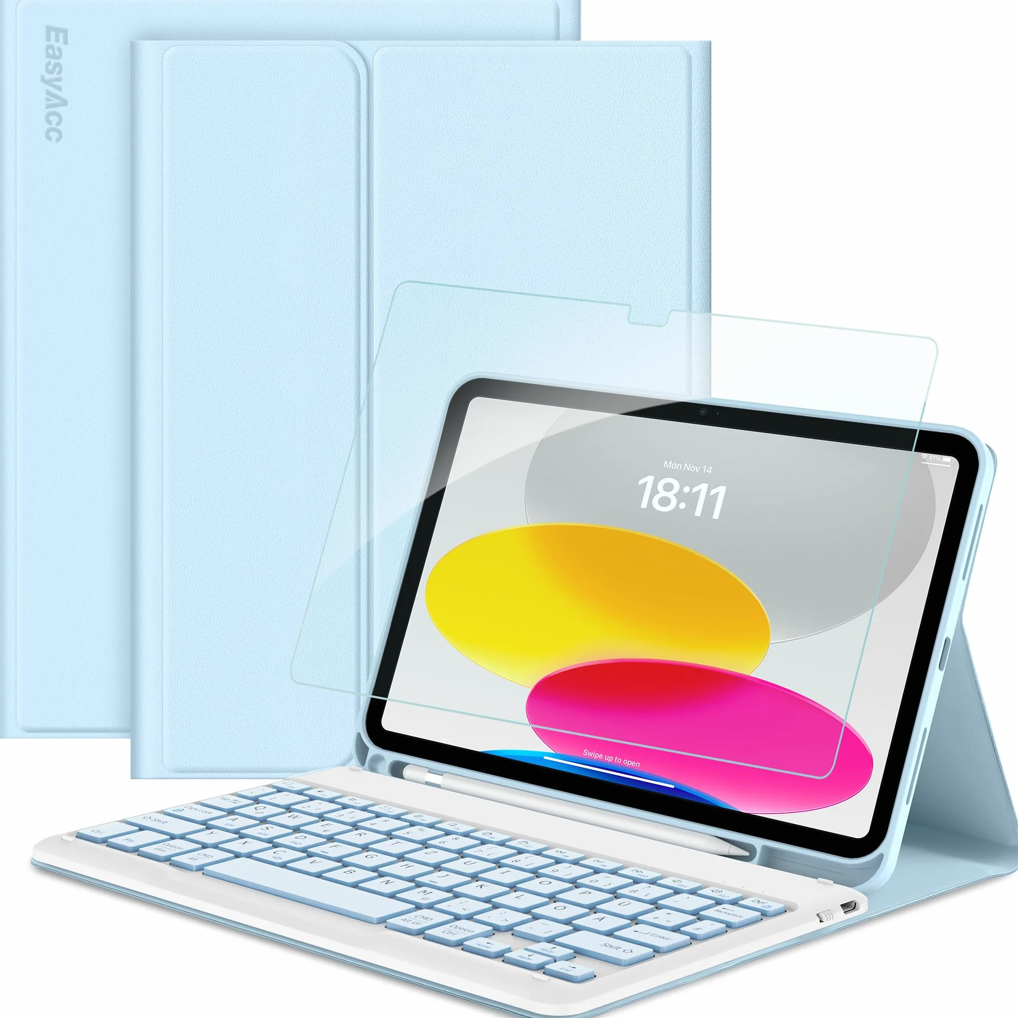 EasyAcc niemieckie etui na klawiaturę QWERTZ kompatybilne z iPad, Bluetooth, niebieskie