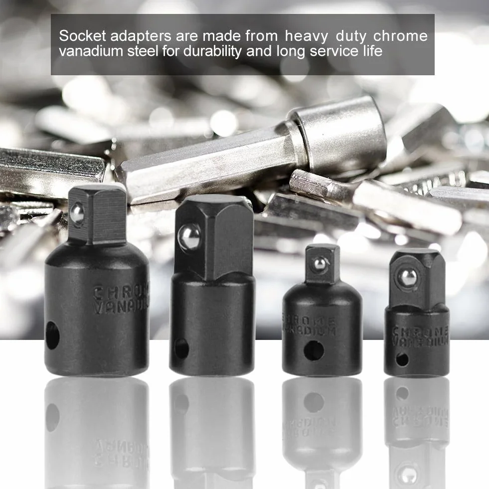 Zestaw adapterów nasadowych i reduktorów ze stali chromowo-wanadowej – 1/10.2 cm, 3/20.3 cm, 1/5.1 cm, adapter klucza grzechotkowego, zestaw do konwersji rozszerzeń (czarny)