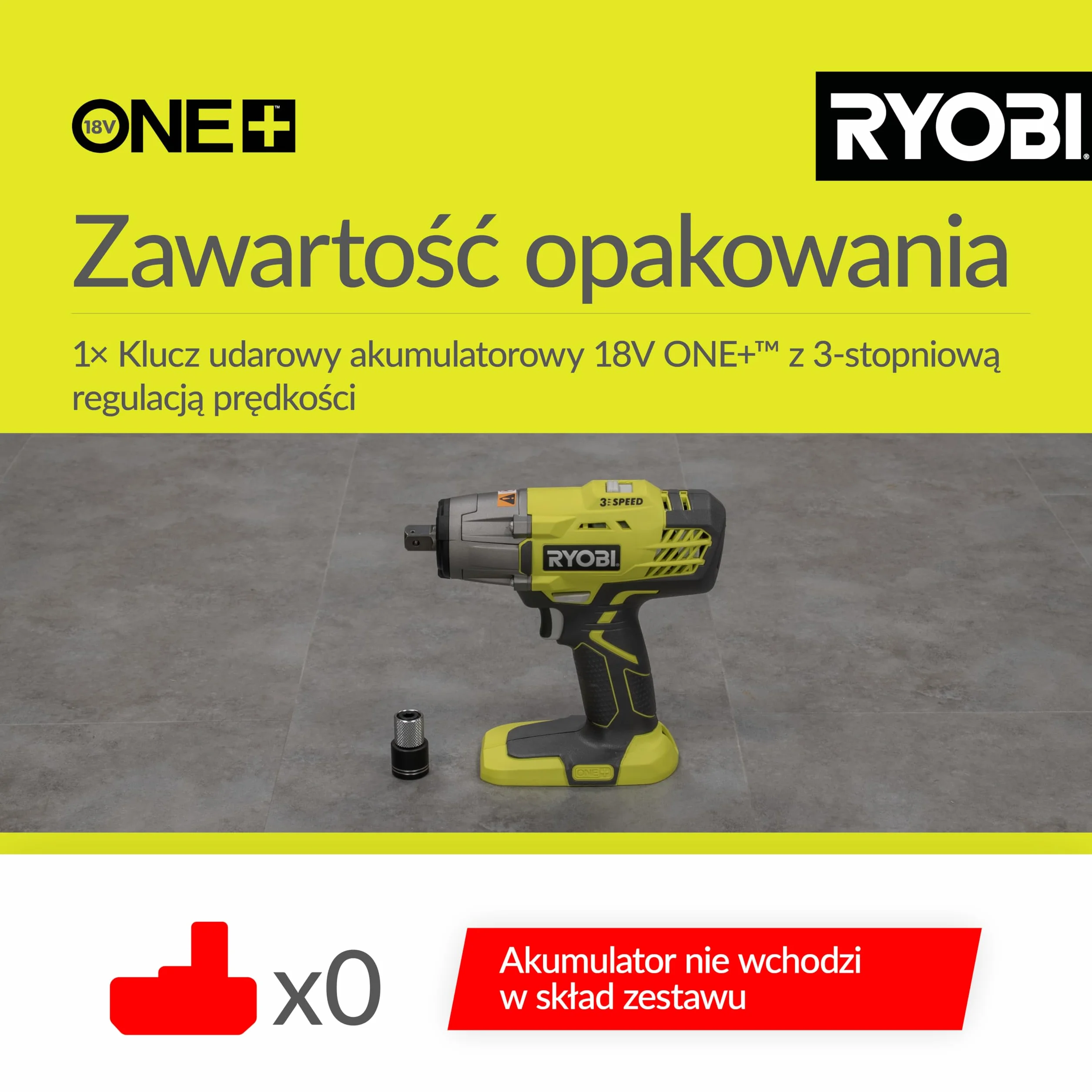 Ryobi Akumulatorowy Klucz Udarowy R18IW3-0, 18 V, 400 Nm, Uchwyt 1/2", 3 Ustawienia Prędkości, Światło LED