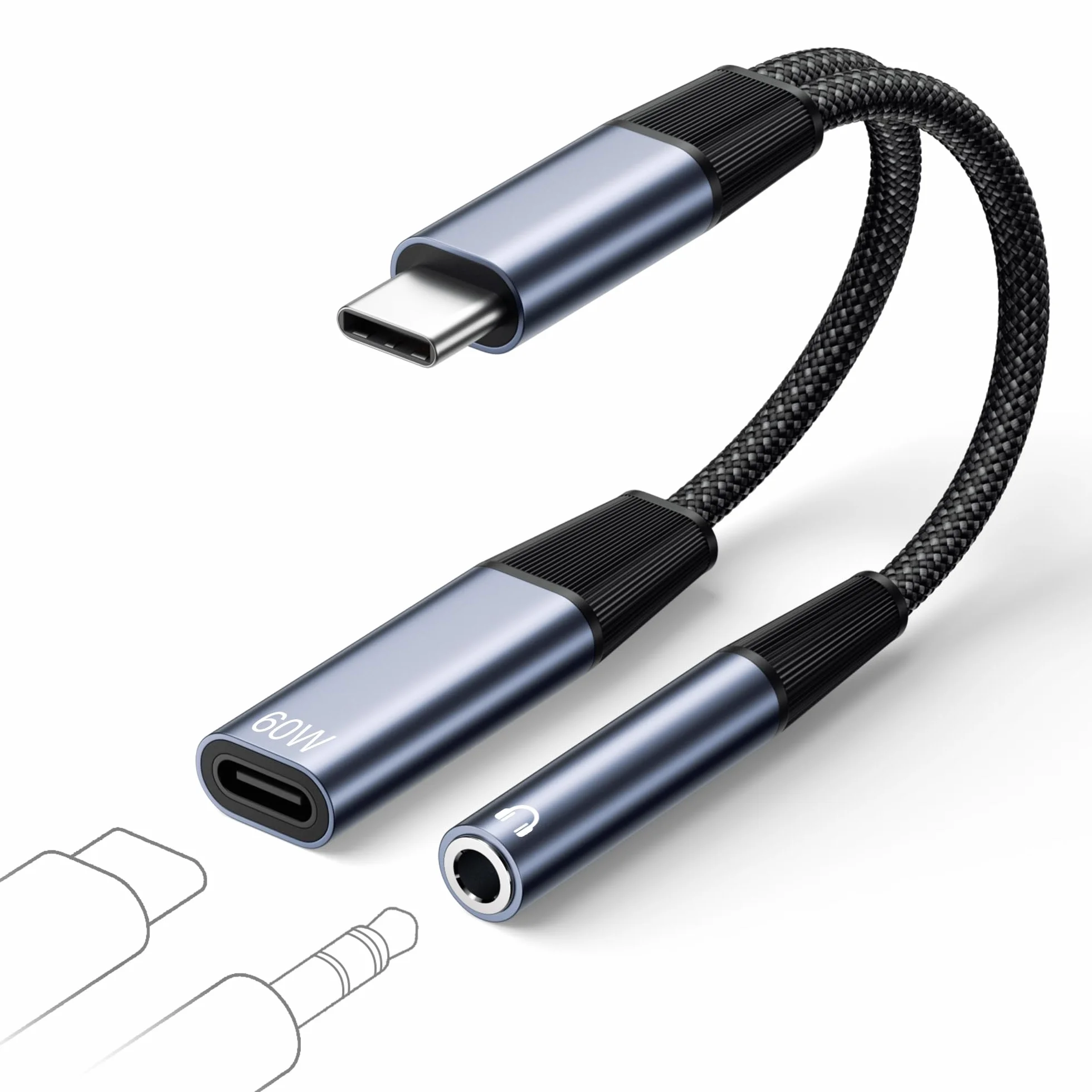 Adapter słuchawkowy i ładowarka USB C do 3,5 mm, adapter słuchawkowy Aux Audio typu C z kablem do szybkiego ładowania PD 60 W dla iPhone'a 17 16 15, iPada Air/Pro, Galaxy S25 S24 S23 S22, Pixel