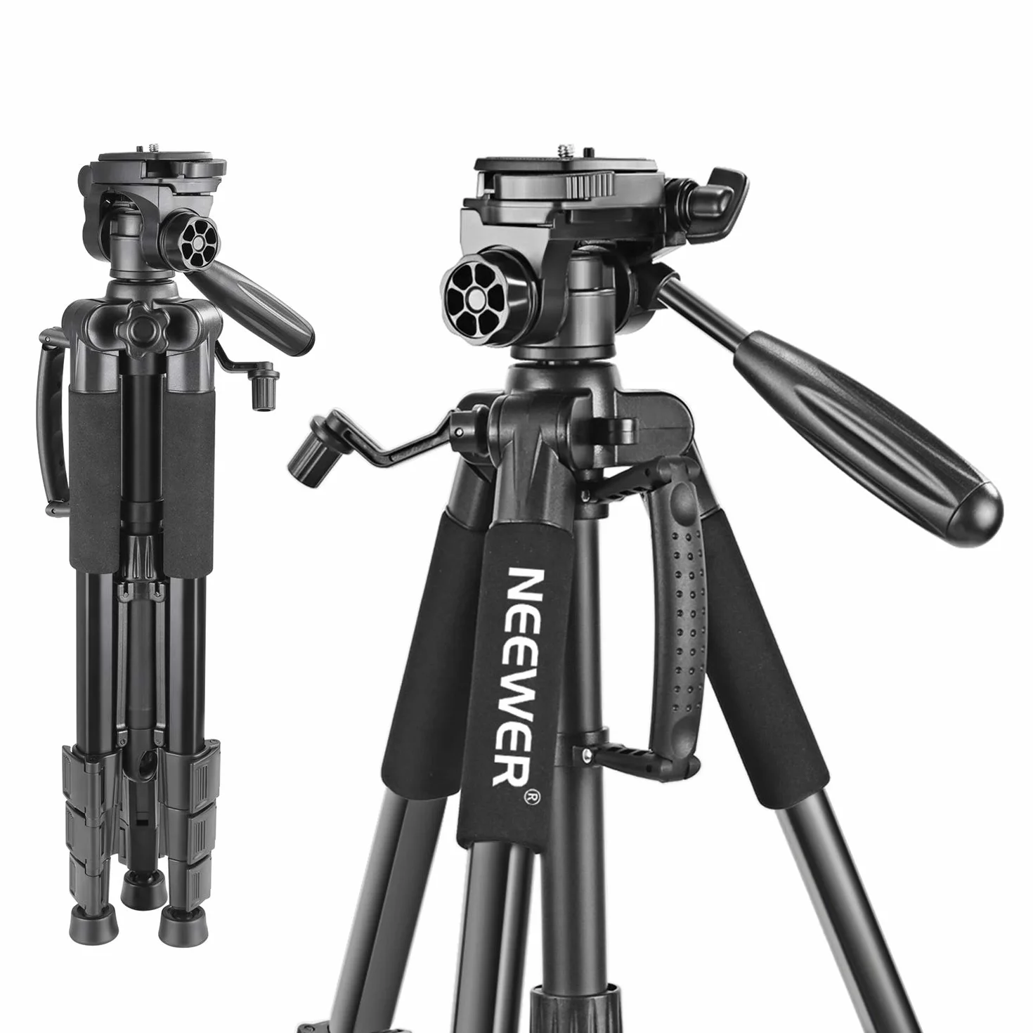 Neewer Statyw do aparatu 142 cm ze stopu aluminium 3-kierunkowa głowica obrotowa obciążenie 4 kg czarny