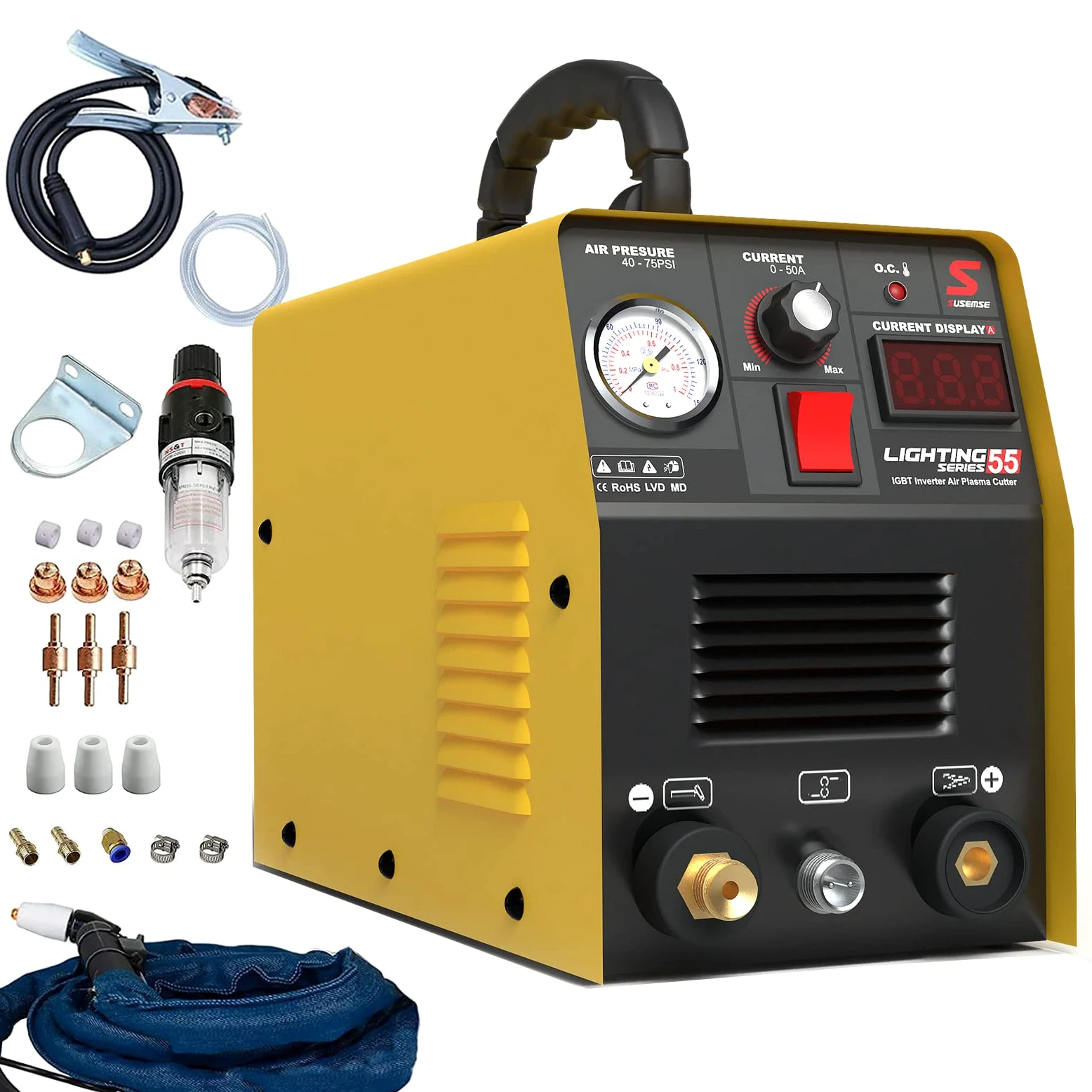 SUSEMSE Przecinarka plazmowa 55 amperów IGBT Inverter Cutter CUT55 spawarka plazmowa (DC, 230 V, prąd cięcia 20-55 A, moc cięcia maks. do 14 mm) – z palnikiem plazmowym i zestawem dysz plazmowych