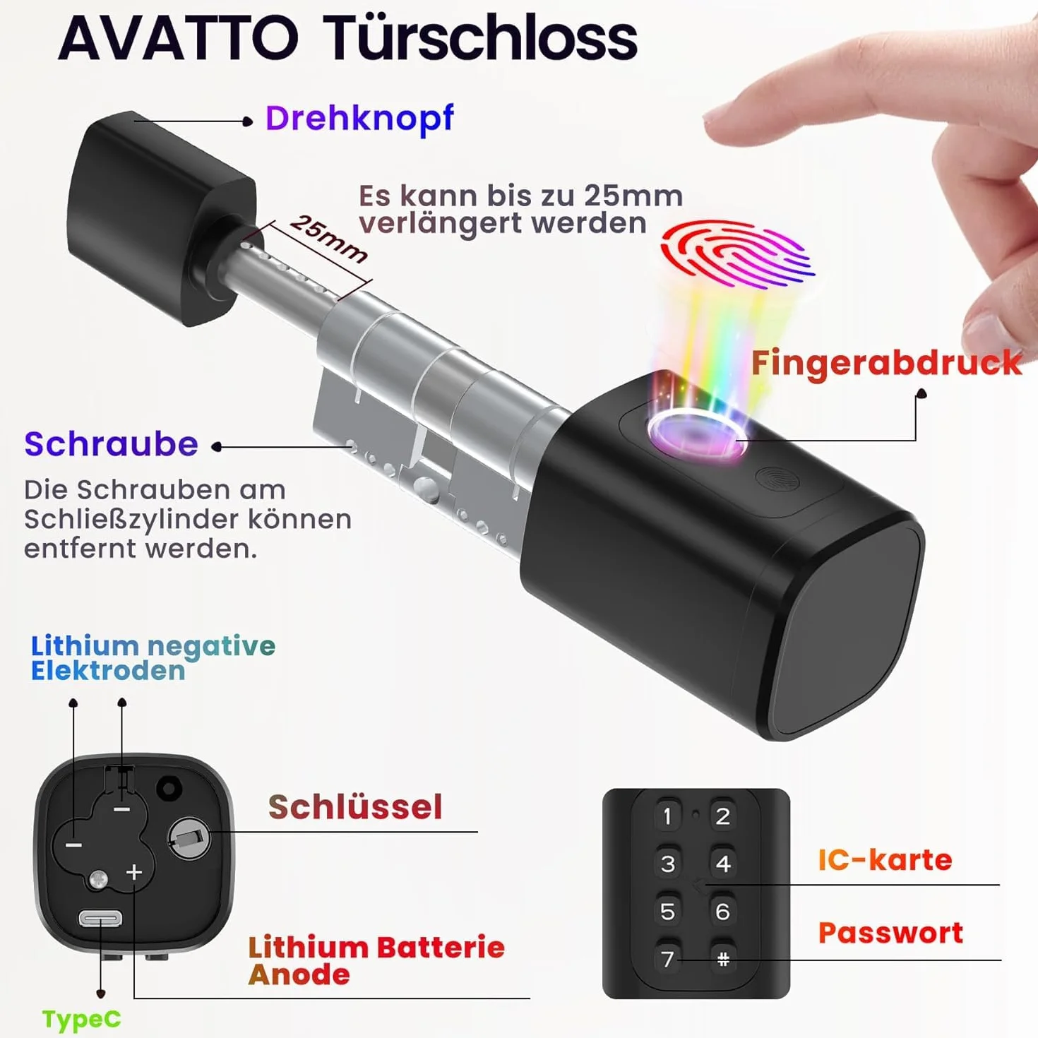 AVATTO Inteligentny zamek drzwi z odciskiem palca i hasłem na drzwi o grubości 60-90mm, długość cylindra zamka jest regulowana, z kluczem, kartą IC, obsługuje zdalne sterowanie przez aplikację Smart