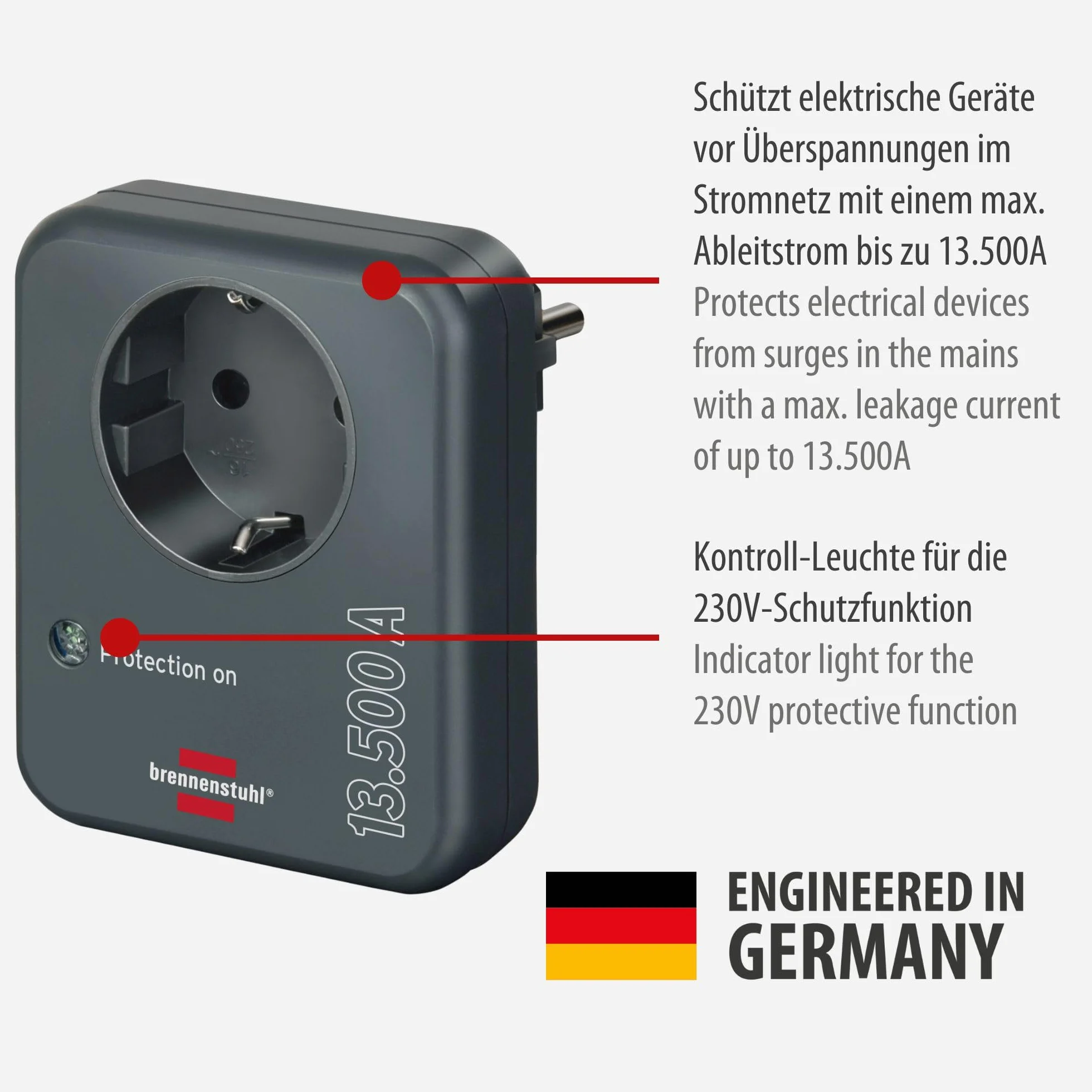 Brennenstuhl Adapter do gniazda wtykowego z ochroną przed przepięciem 13.500 A (adapter jako ochrona odgromowa do urządzeń elektrycznych), antracyt