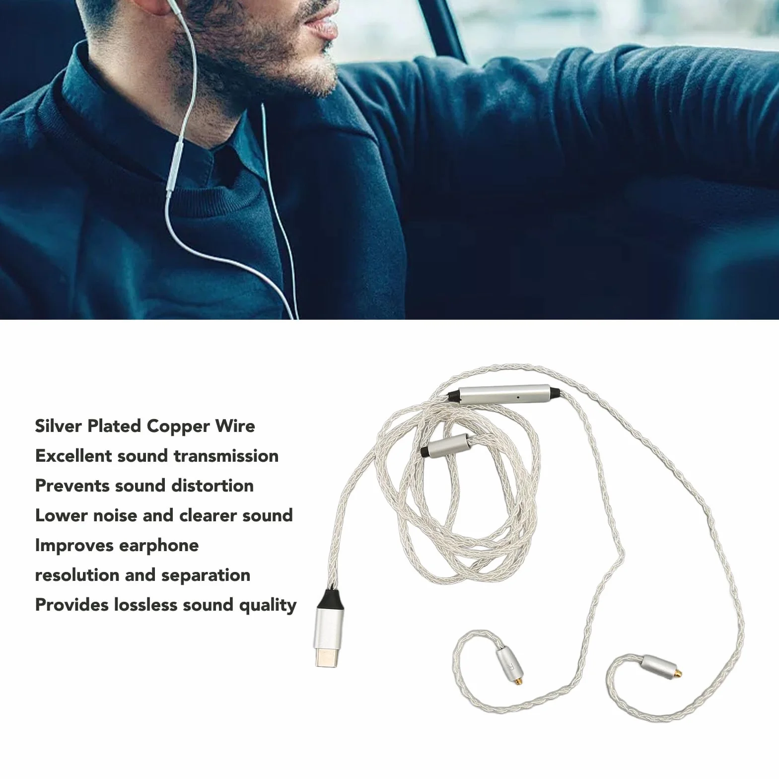 Kabel Słuchawkowy Typu C do MMCX z Mikrofonem, Beztlenowy Miedziany, do SE215 SE315 SE535 SE846 UE900, Biały, 3.9ft